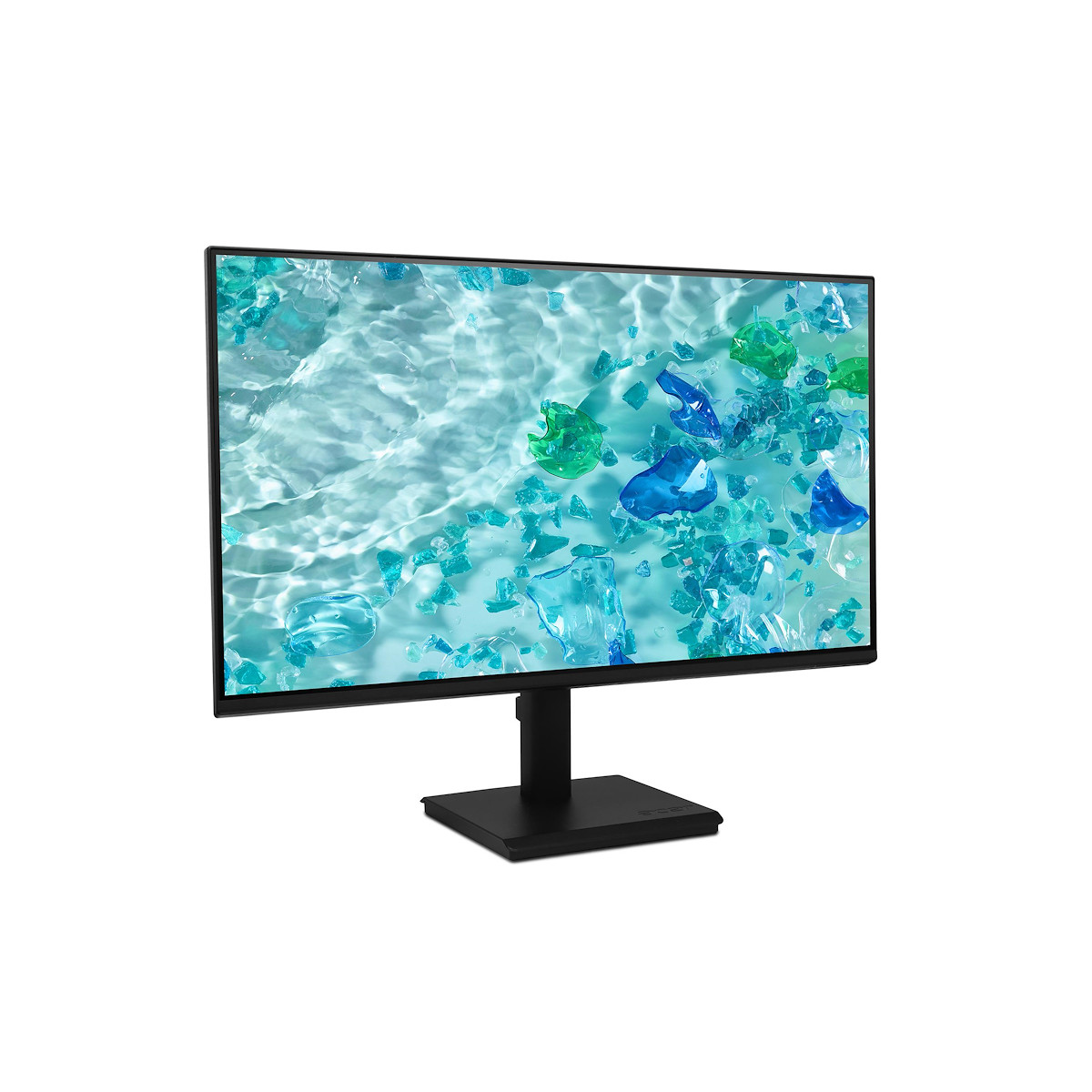 Un monitor negro que muestra un patrón abstracto azul y verde en su pantalla.