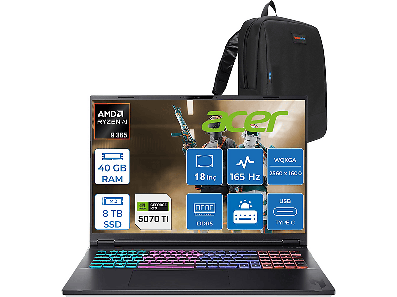 ACER Nitro 18 12 GB RTX5070TI QHD 165 Hz Mat NHQYFEY001F52 AMD