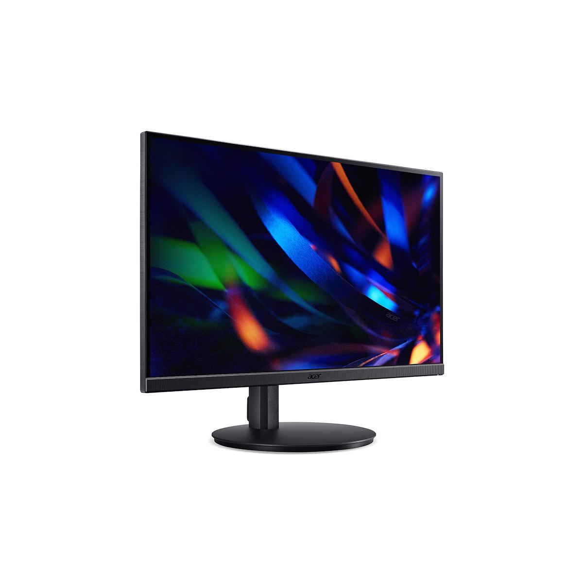 Een zwarte Acer monitor met een kleurrijke, abstracte achtergrond staat op een ronde standaard.