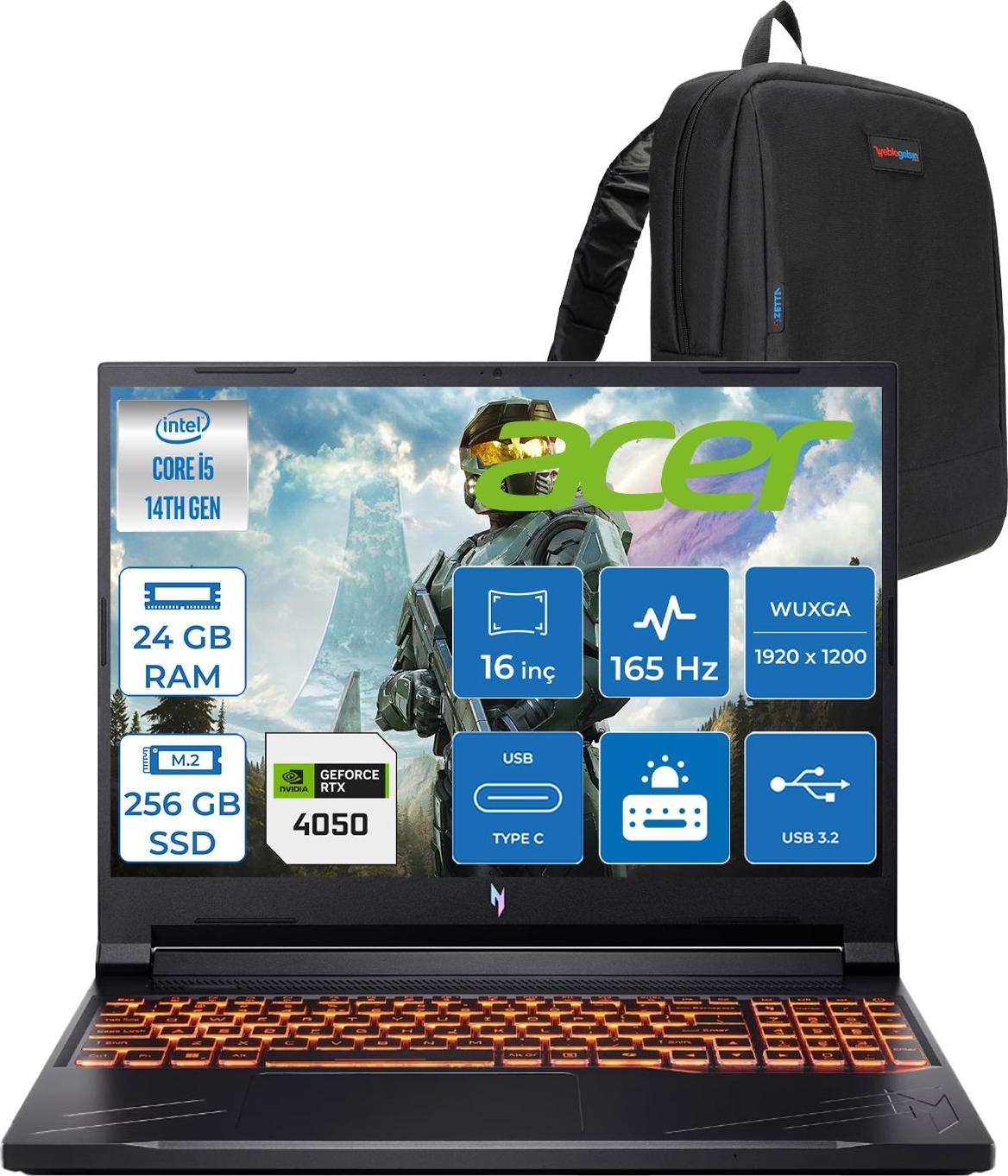14. Nesil Intel Core i5, 24GB RAM, 256GB SSD, RTX 4050'li Acer oyuncu dizüstü bilgisayarı.