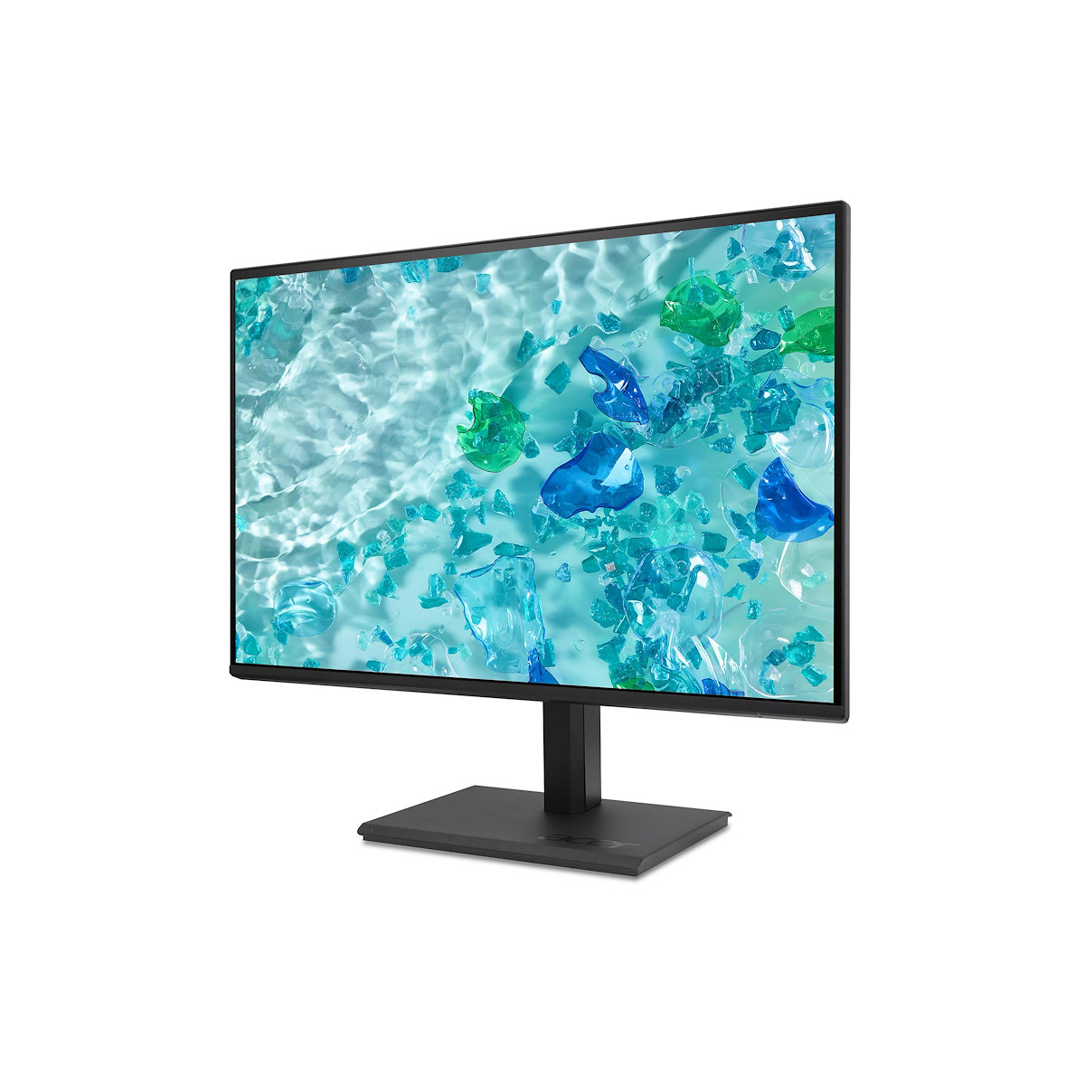 A modern black monitor displaying a colorful image of water and ice cubes.