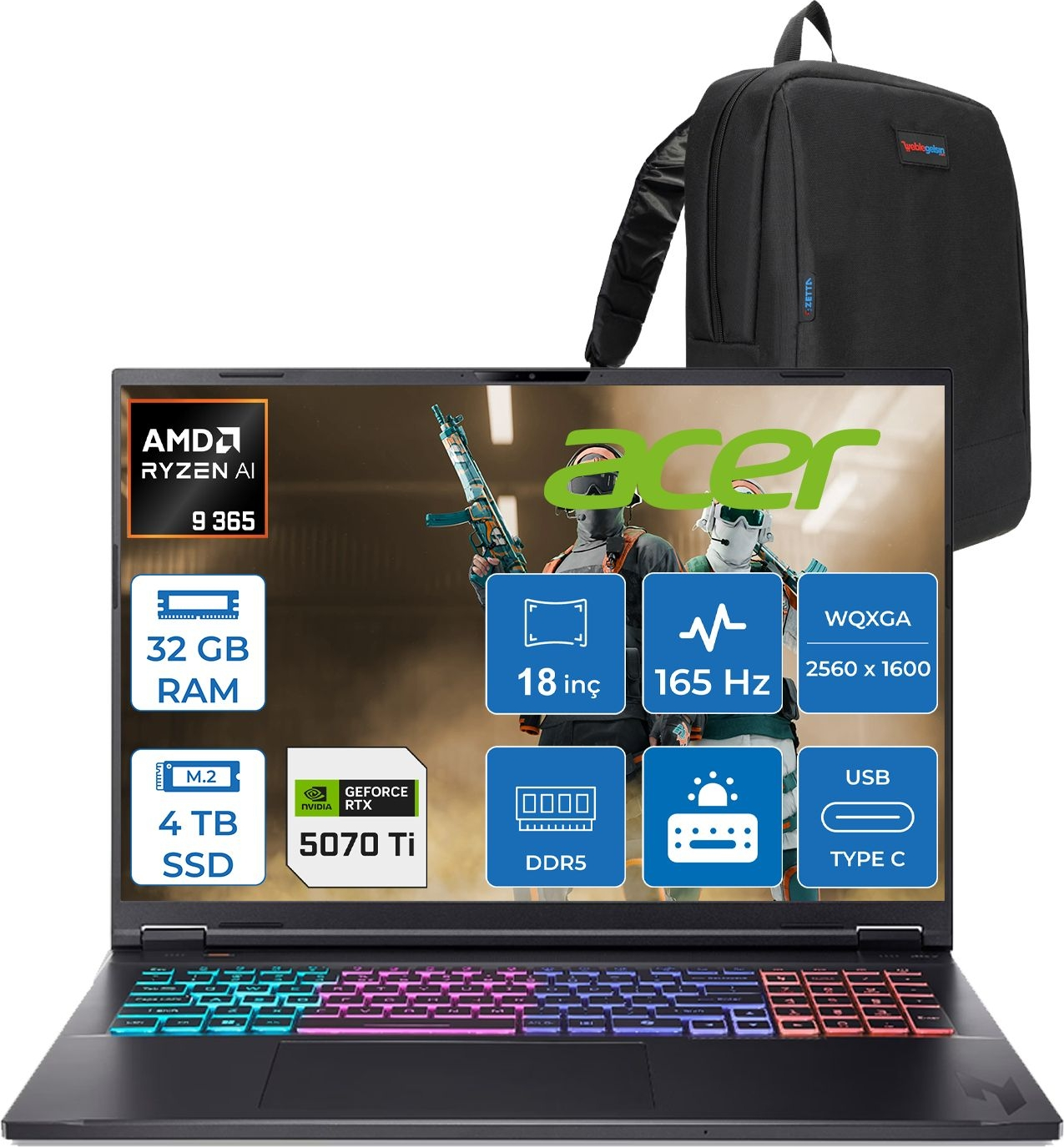 RGB klavyeli dizüstü bilgisayar ve siyah sırt çantası.