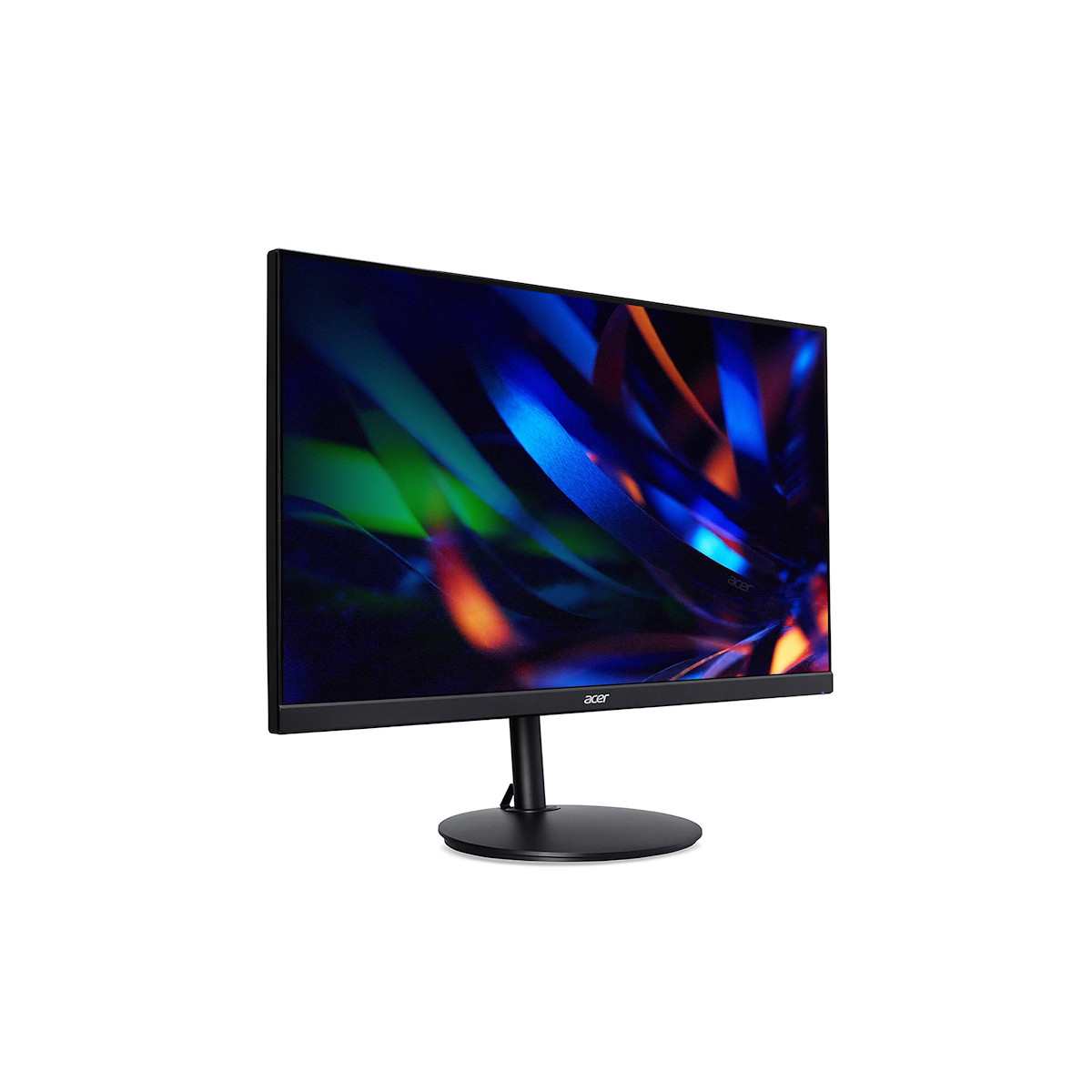 Ein schwarzer Acer-Monitor mit buntem abstraktem Hintergrund steht auf einem weißen Hintergrund.