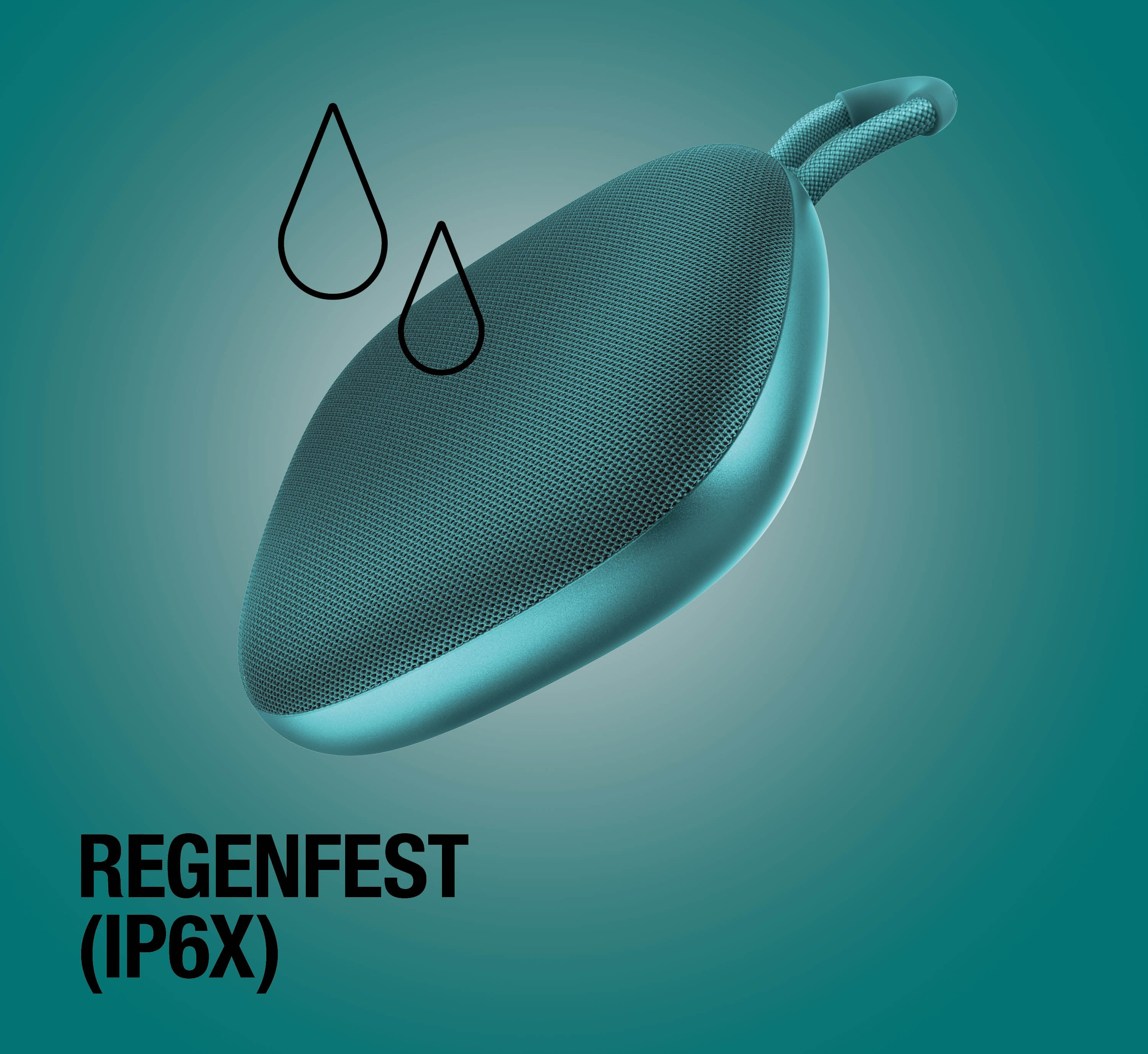 Ein blauer Lautsprecher mit Tropfensymbolen und Text "REGENFEST (IP6X)".