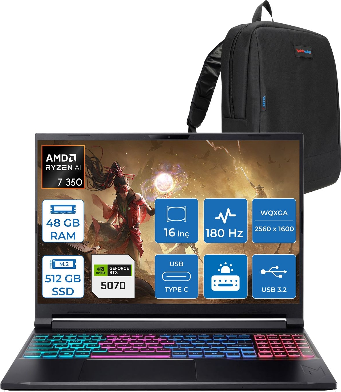 RGB klavyeli ve sırt çantalı siyah dizüstü bilgisayar. Ekrandaki özellikler.