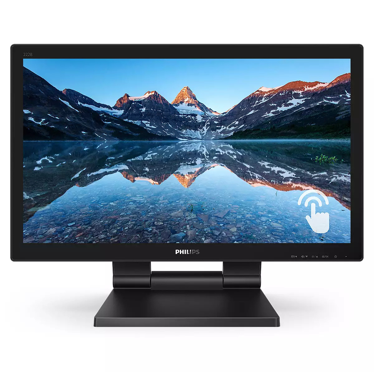 Ein Monitor zeigt eine Berglandschaft mit einem See und Reflexionen.