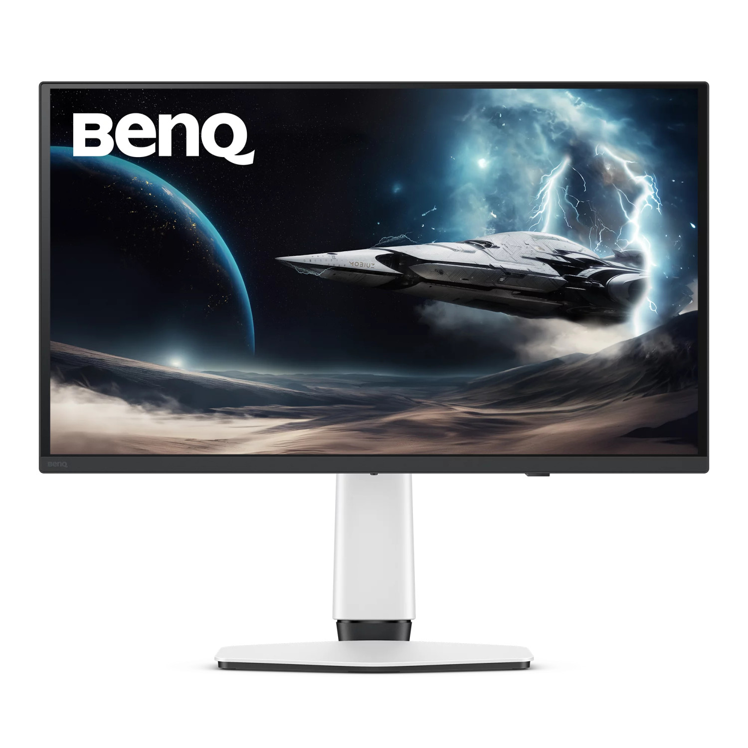 Monitor BenQ pokazuje statek kosmiczny w burzliwej galaktyce z niebieską planetą.