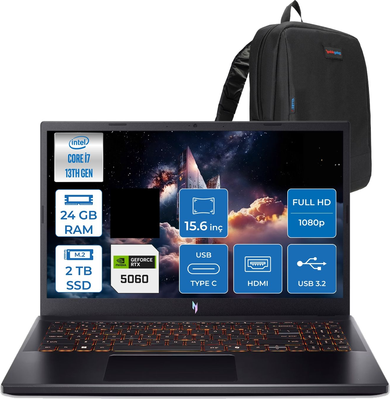 Intel Core i7, 24GB RAM, 2TB SSD, Nvidia RTX 5060 dizüstü bilgisayar ve sırt çantası.