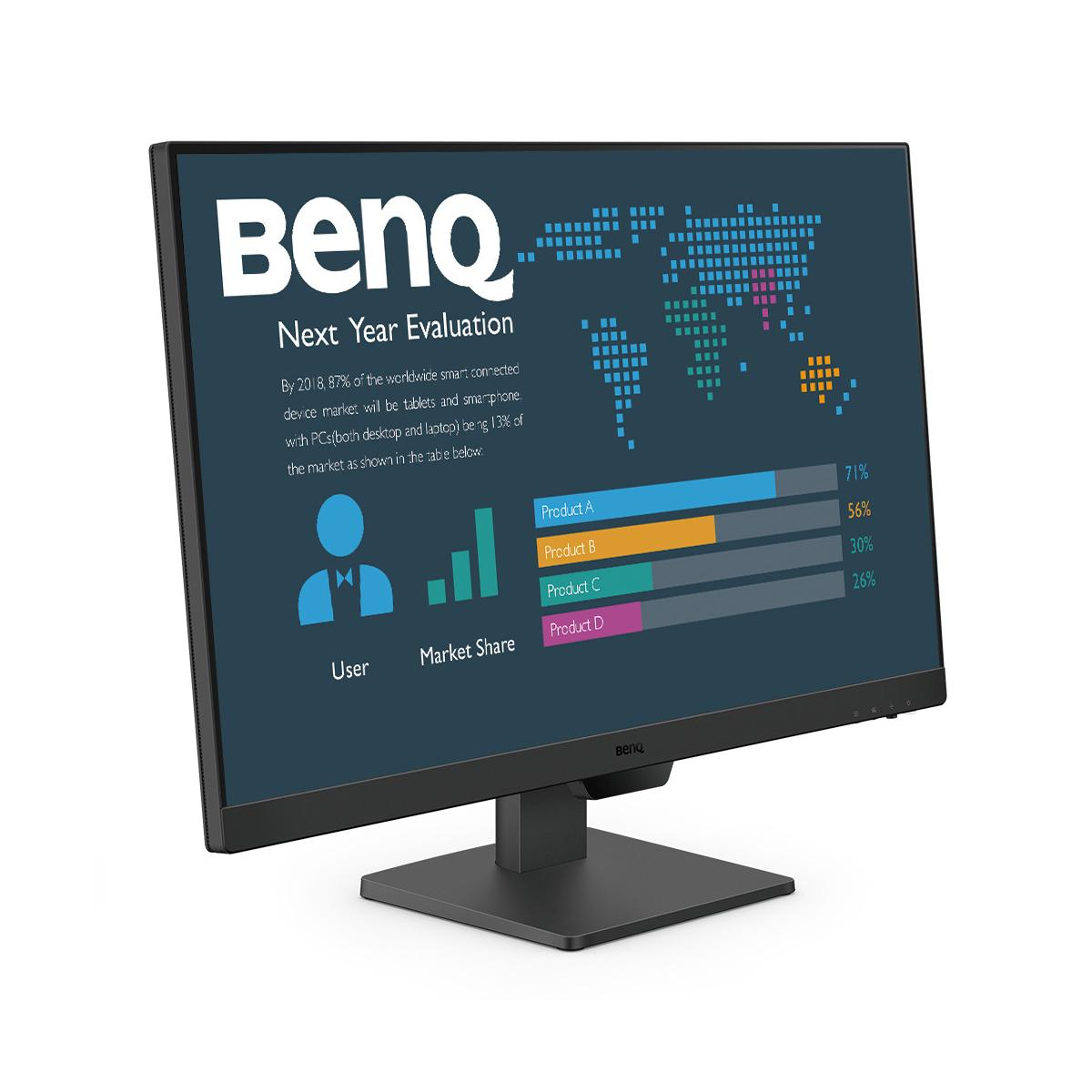 A BenQ monitor displays a market analysis with a world map and bar charts.