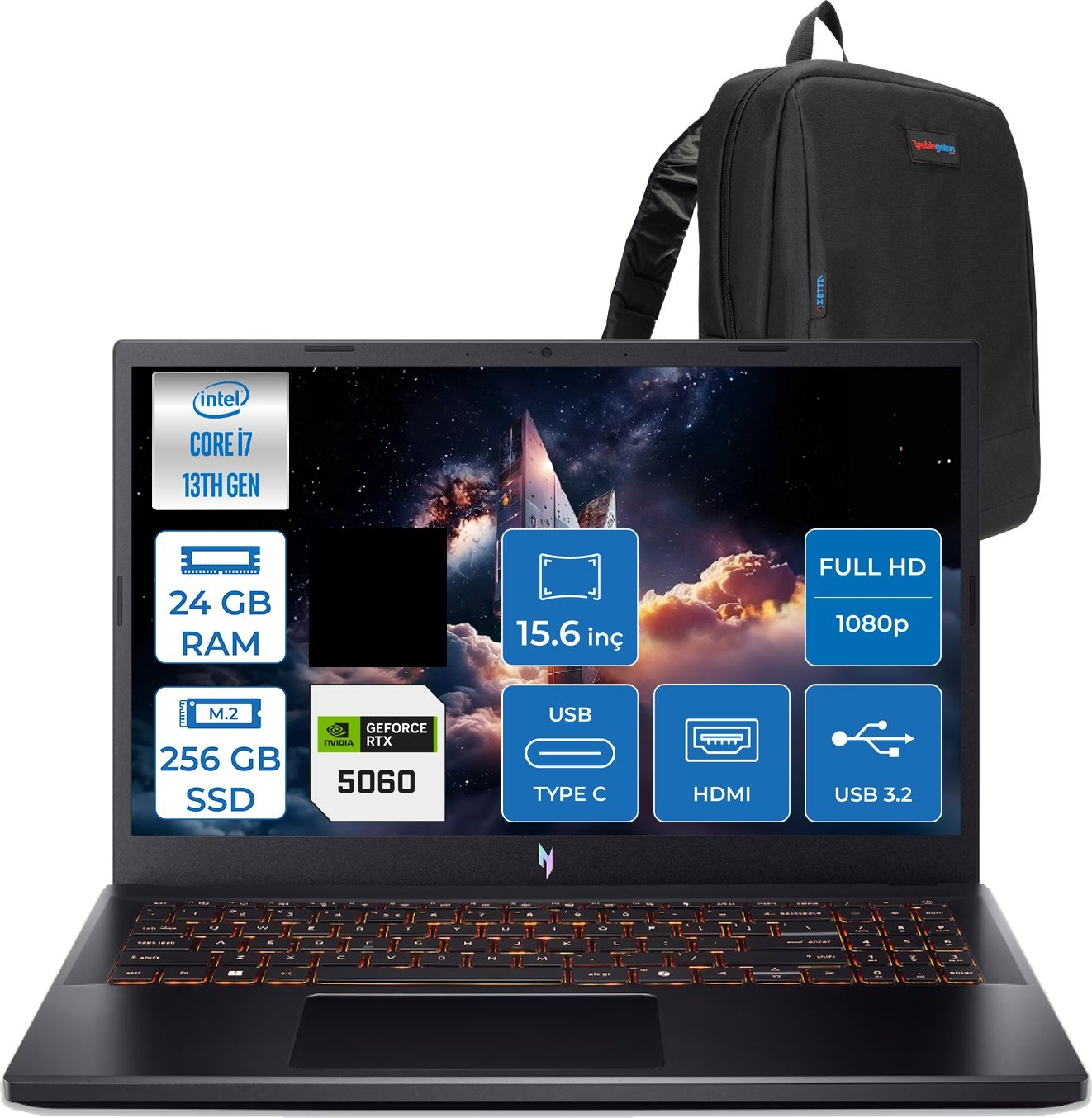 Intel Core i7, 24 GB RAM, 256 GB SSD, RTX 5060'li siyah dizüstü bilgisayar.
