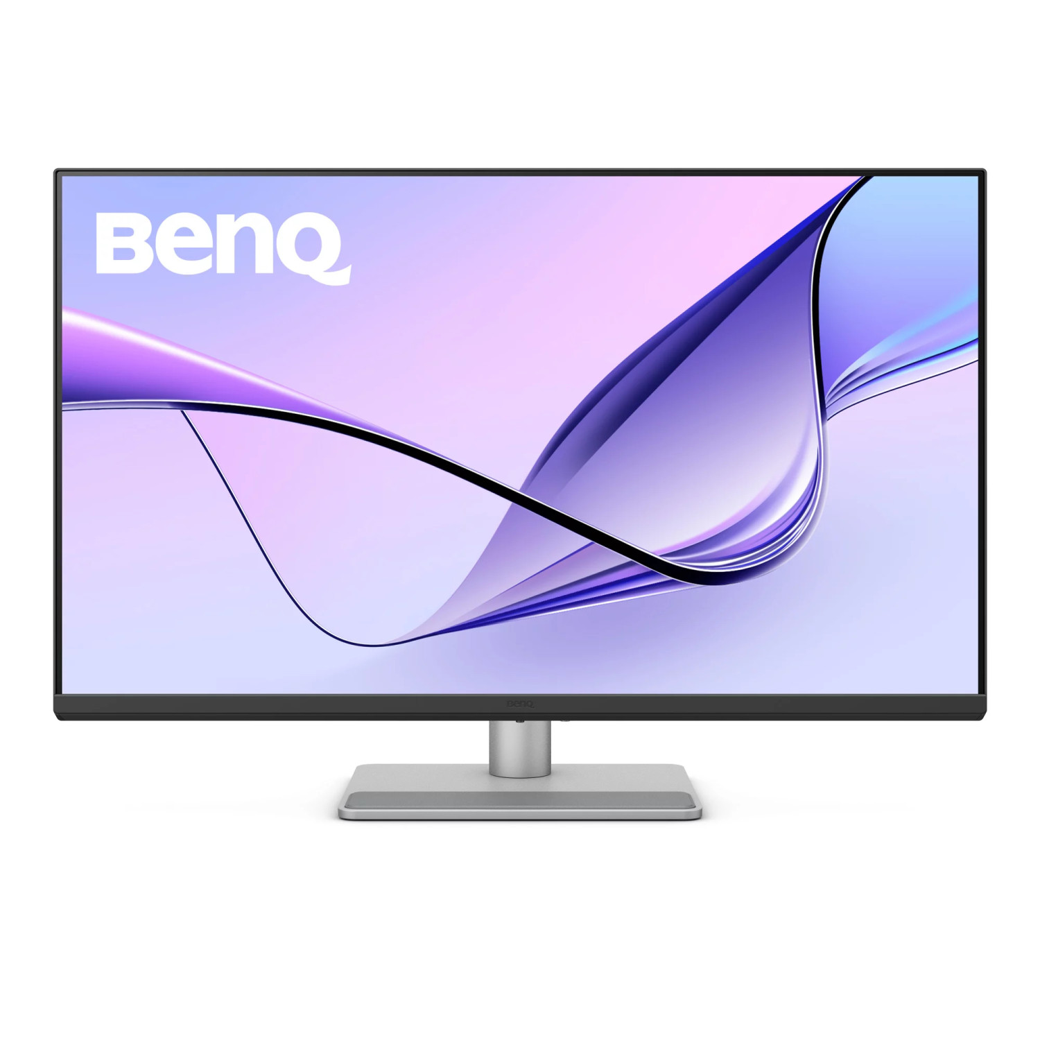 Soyut mor ve mavi arka planı gösteren modern bir BenQ monitör.