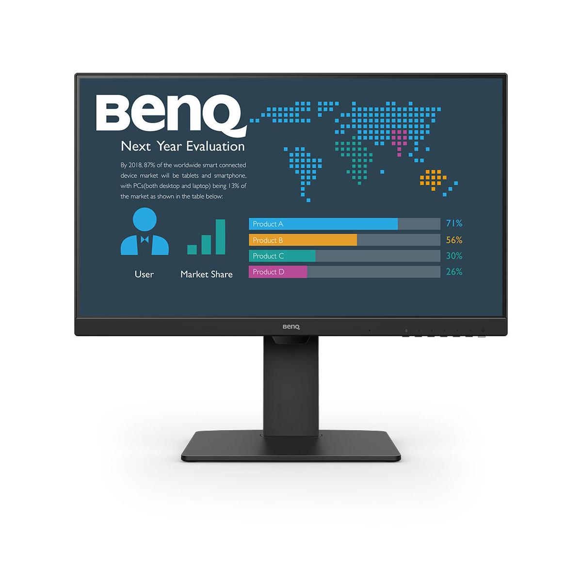 BenQ monitor toont marktanalyse met wereldkaart en staafdiagrammen.