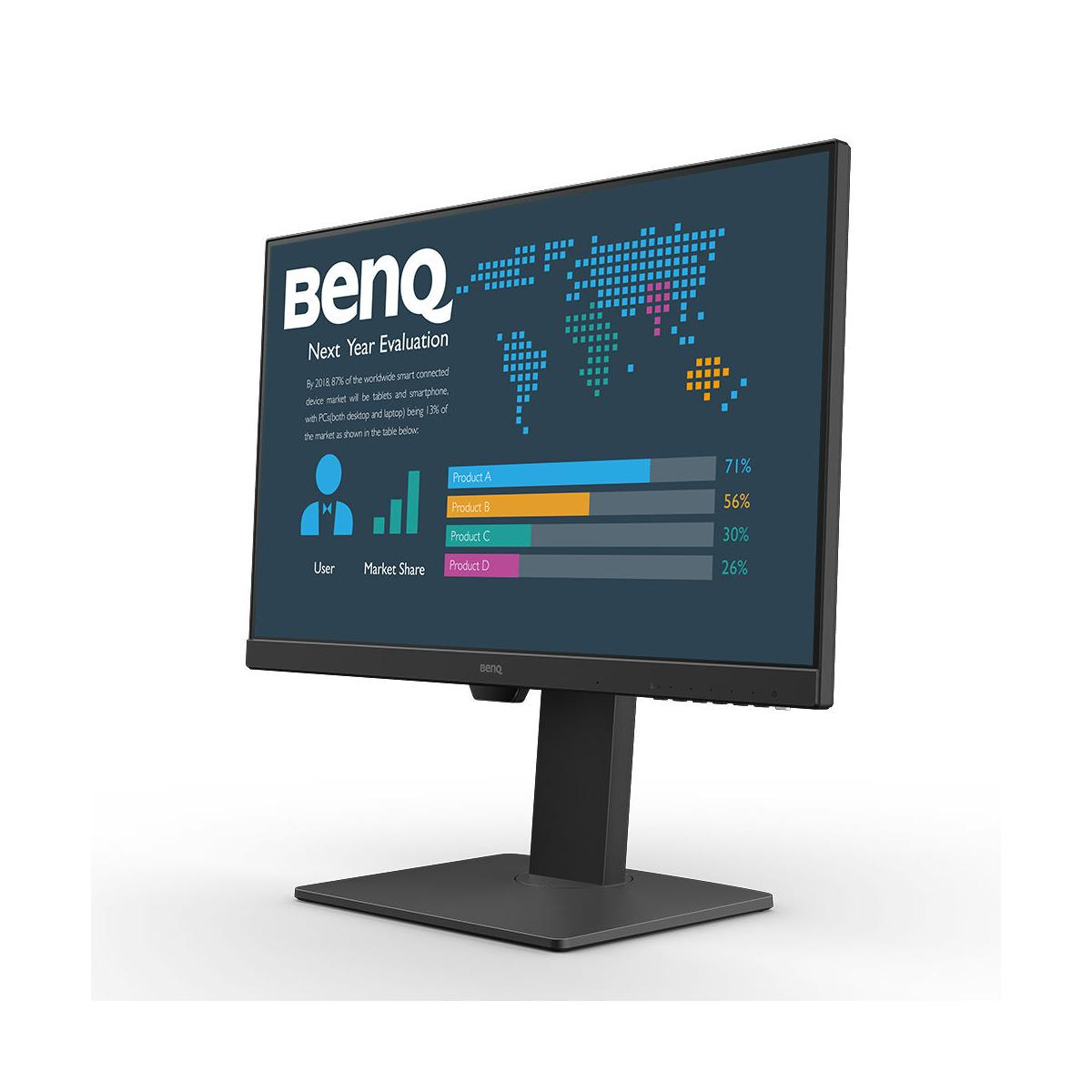 BenQ monitor toont marktdata: Product A 71%, B 56%, C 30%, D 26%.