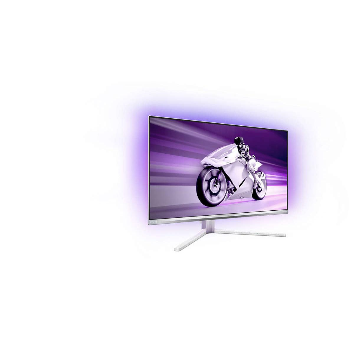 Een witte monitor toont een futuristische witte motor met rijder. Paars licht straalt achter het scherm.