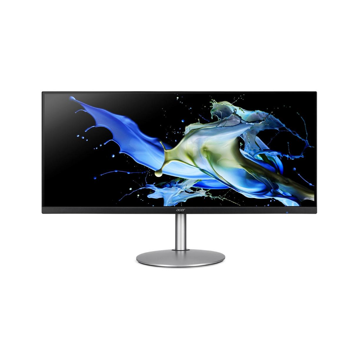 A modern Acer monitor displaying an abstract blue and green paint splash background.