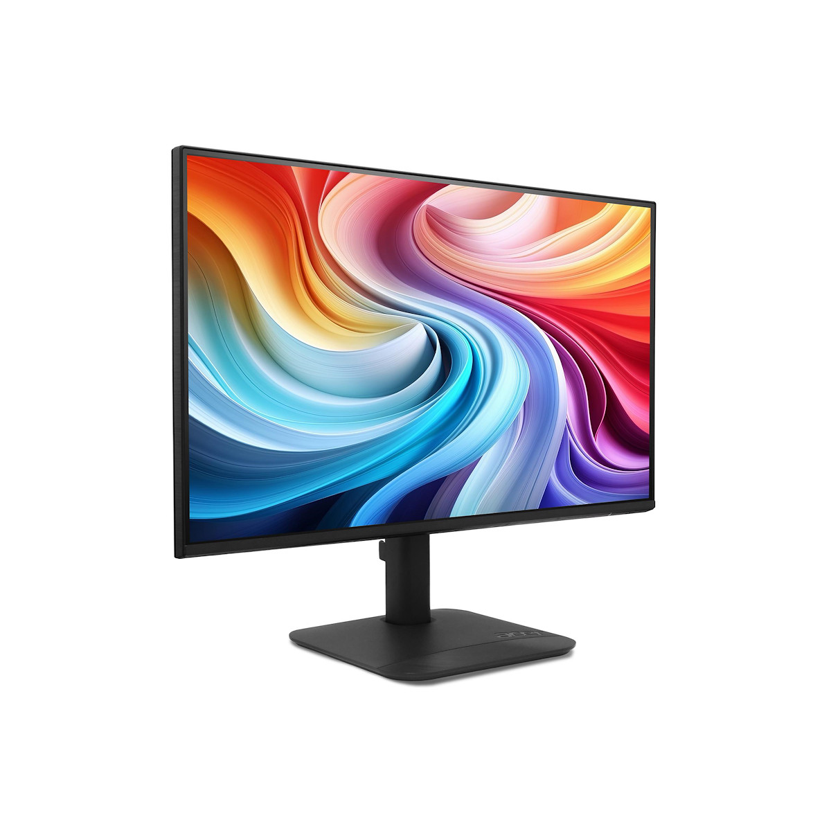 Un monitor nero con un motivo colorato e vorticoso sullo schermo.
