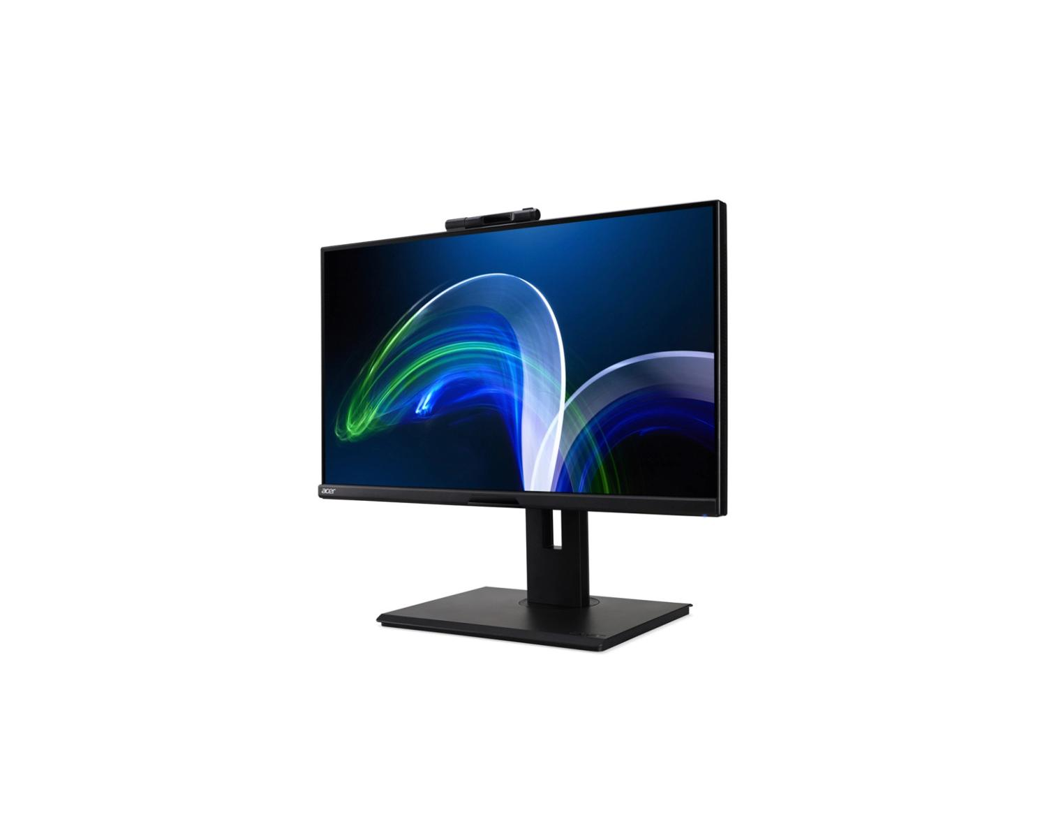 Un moniteur noir avec un fond abstrait bleu et vert se dresse sur un socle.