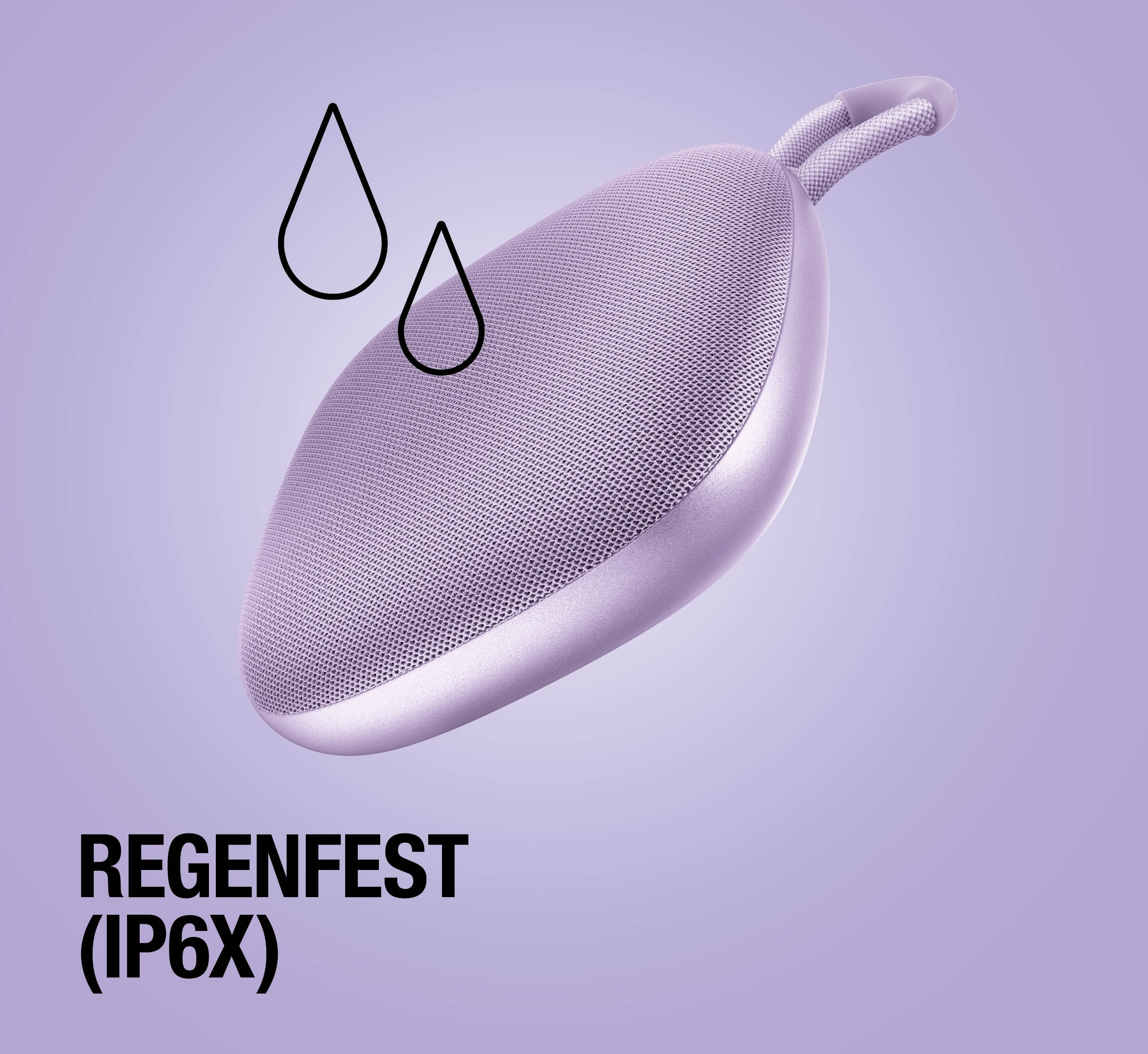 Ein lila Lautsprecher mit zwei Regentropfen-Symbolen und dem Text 'REGENFEST (IP6X)'.