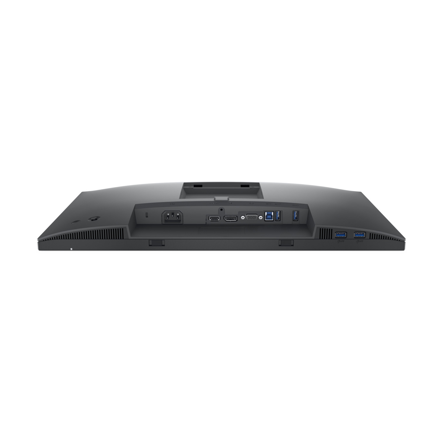 Reverso de un monitor negro con puertos: alimentación, HDMI, USB y otros.
