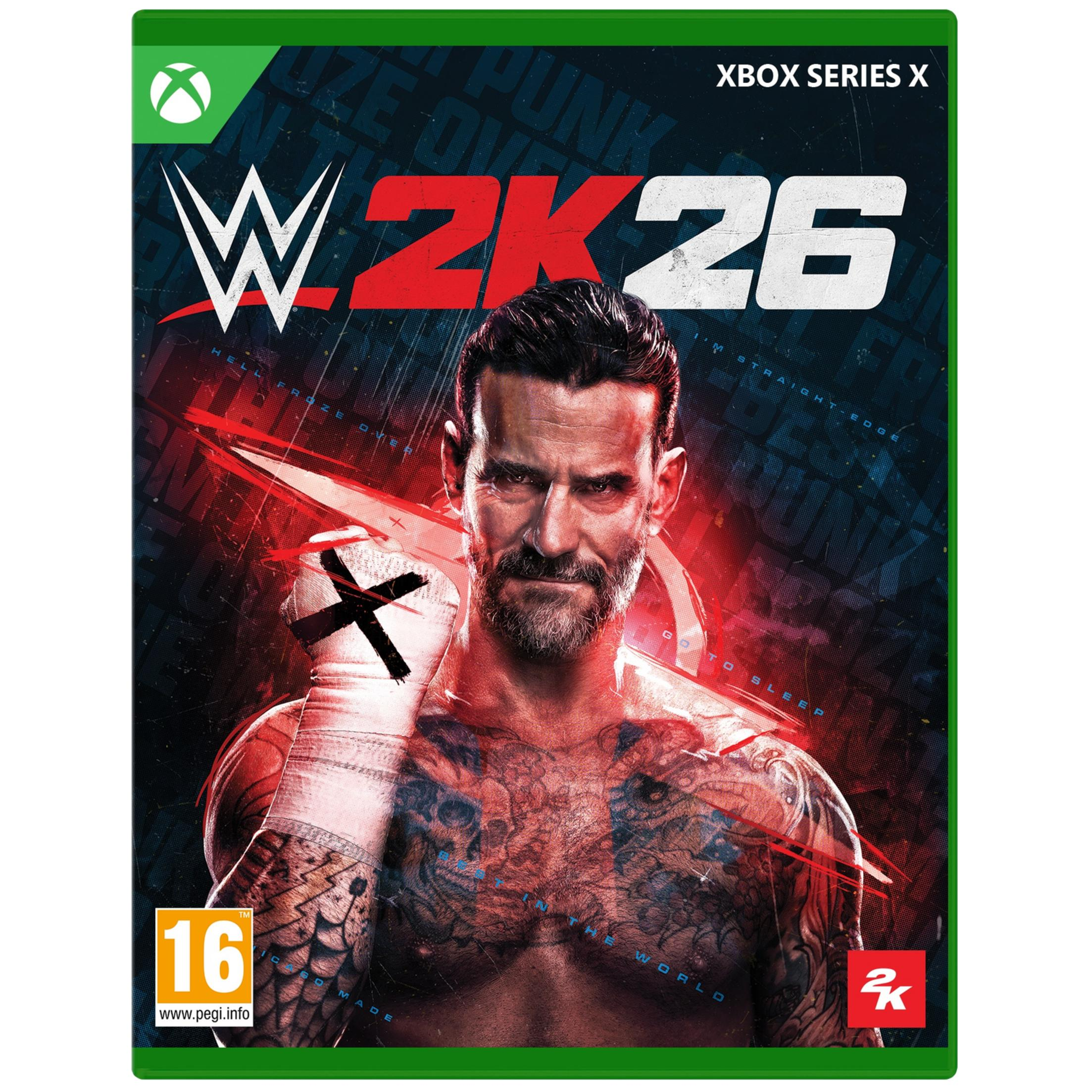 Copertina WWE 2K26 con CM Punk, logo Xbox Series X e PEGI 16.