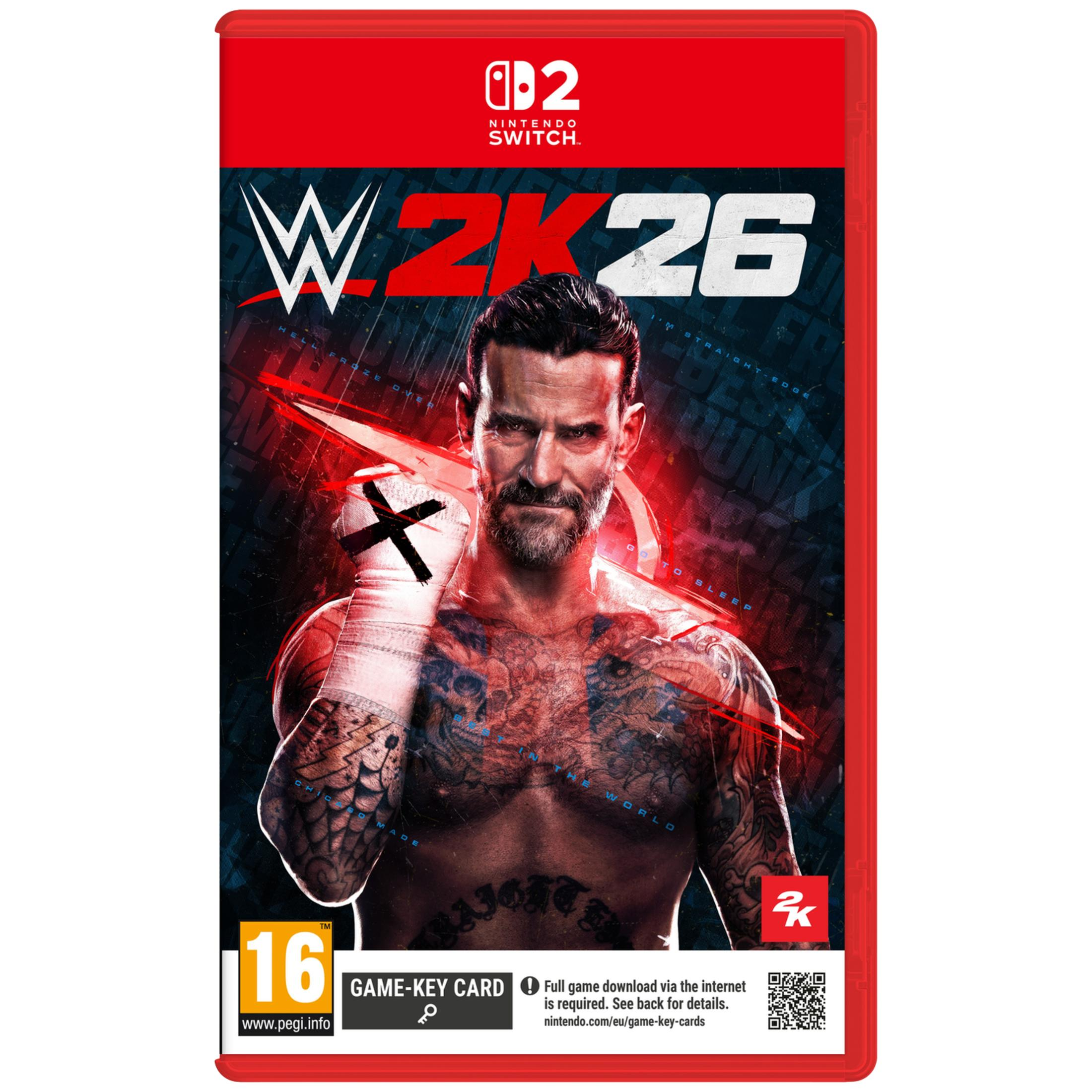 Copertina del gioco WWE 2K26 per Nintendo Switch con CM Punk, PEGI 16.
