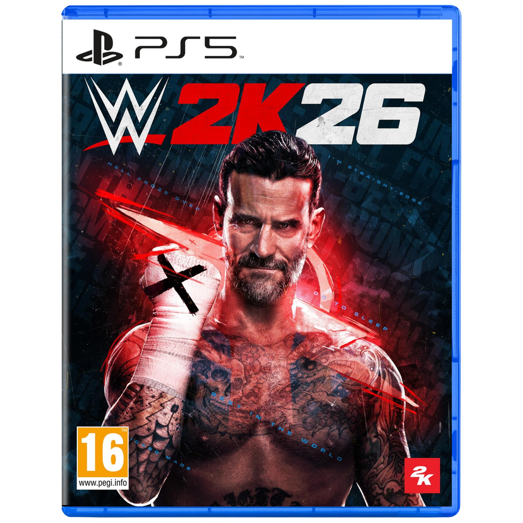 Copertina del gioco WWE 2K26 PS5 con CM Punk, rating 16.