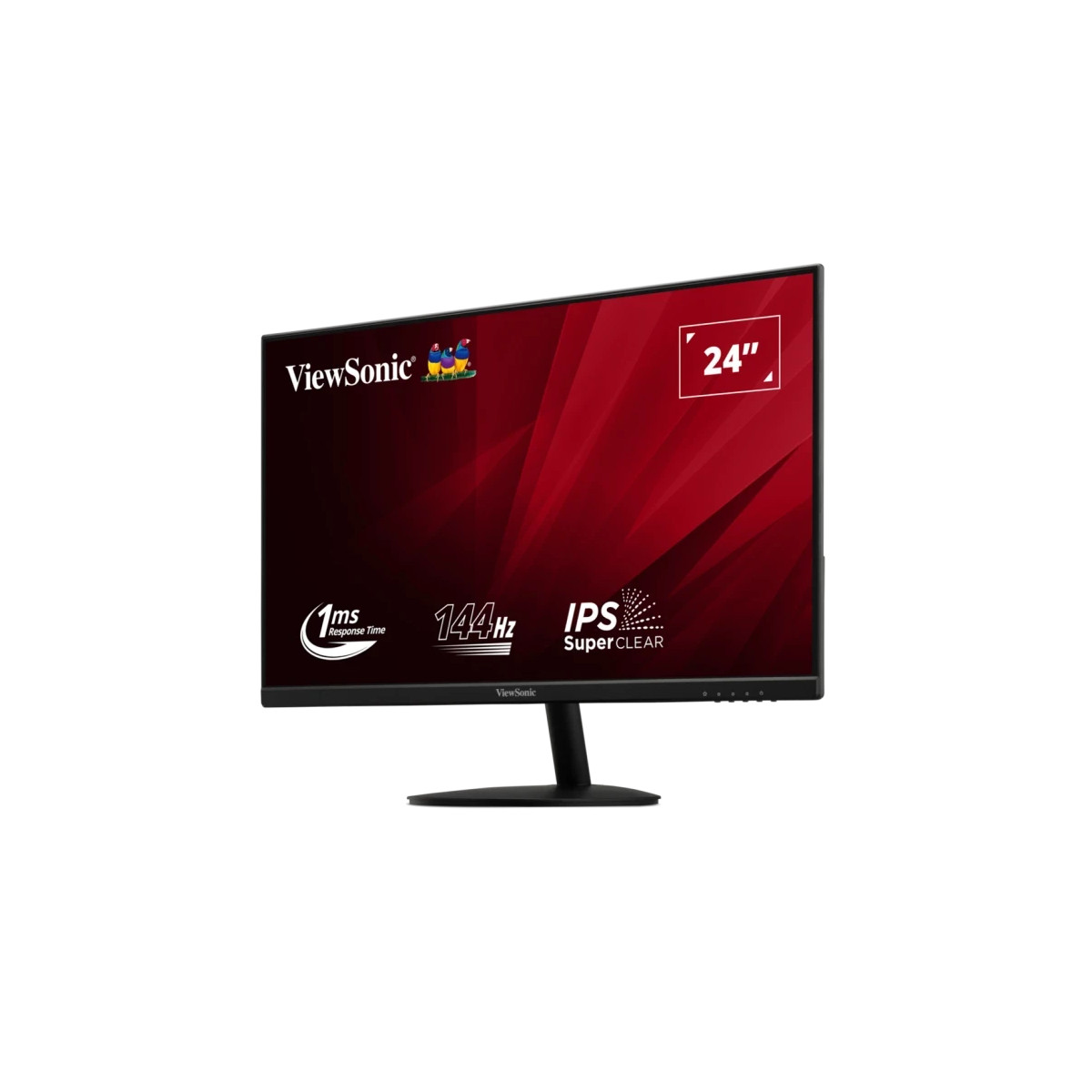 Monitor ViewSonic nero da 24 pollici 144Hz IPS con sfondo rosso astratto.