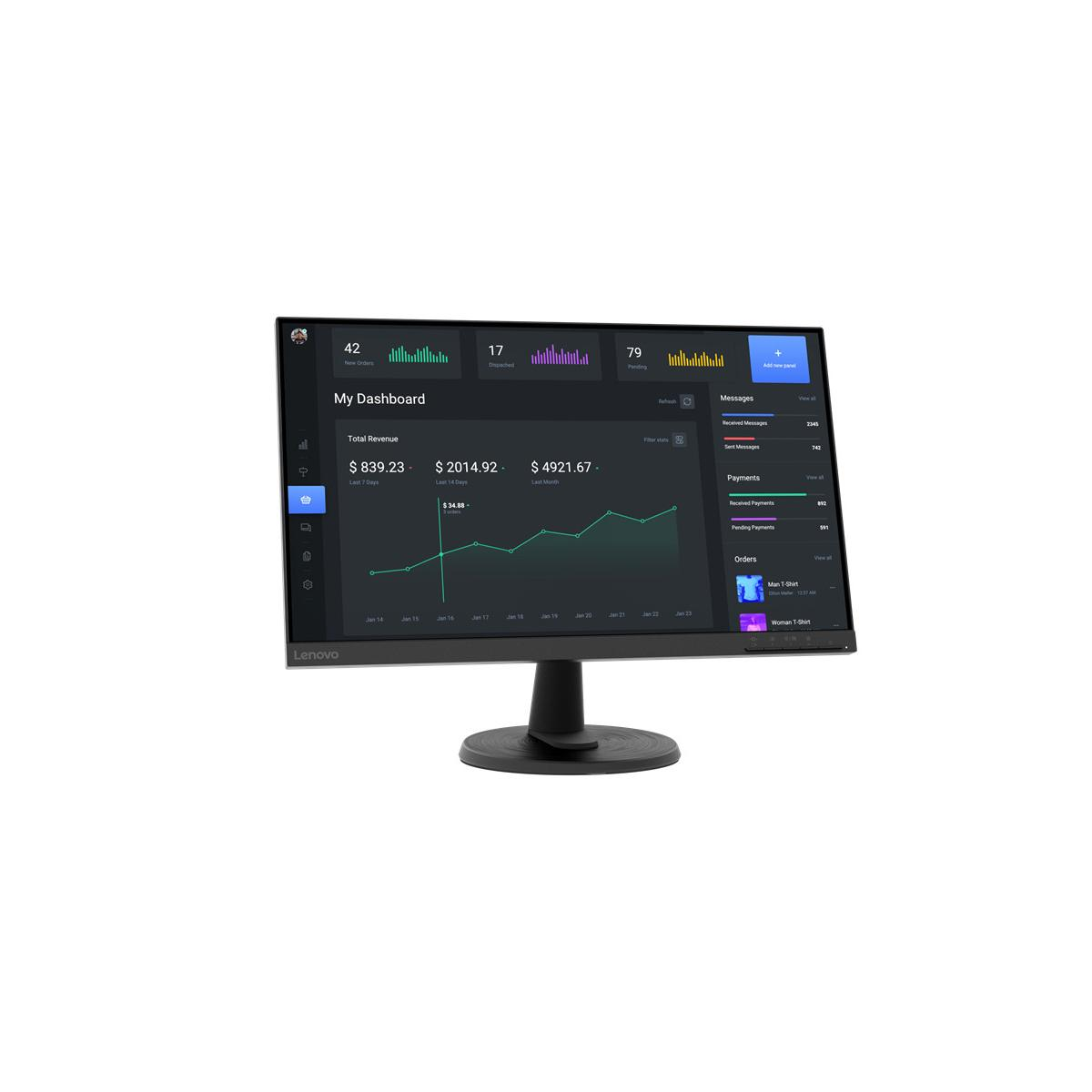 Monitor Lenovo visualizza una dashboard scura con entrate, messaggi, pagamenti e ordini.