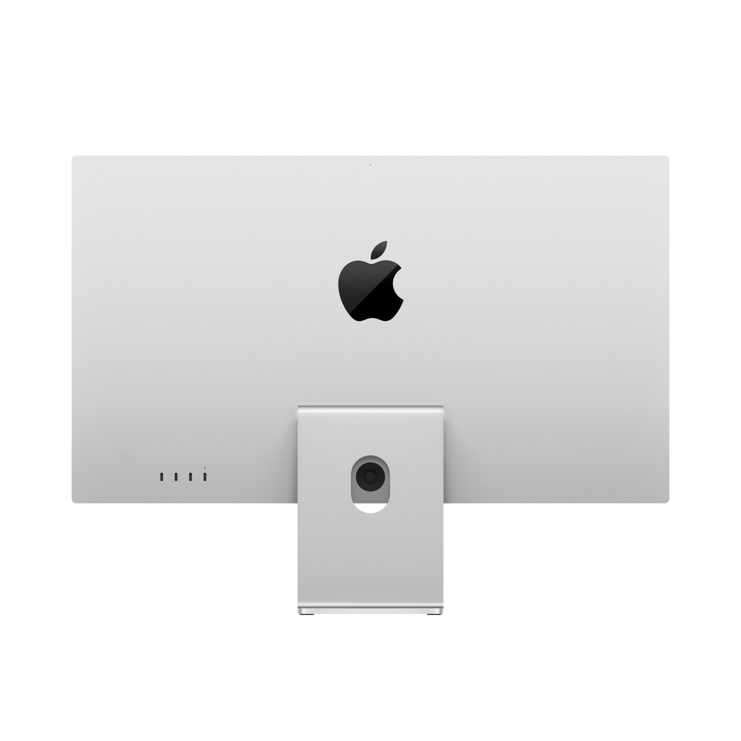 Retro di un iMac Apple argentato con logo e supporto.