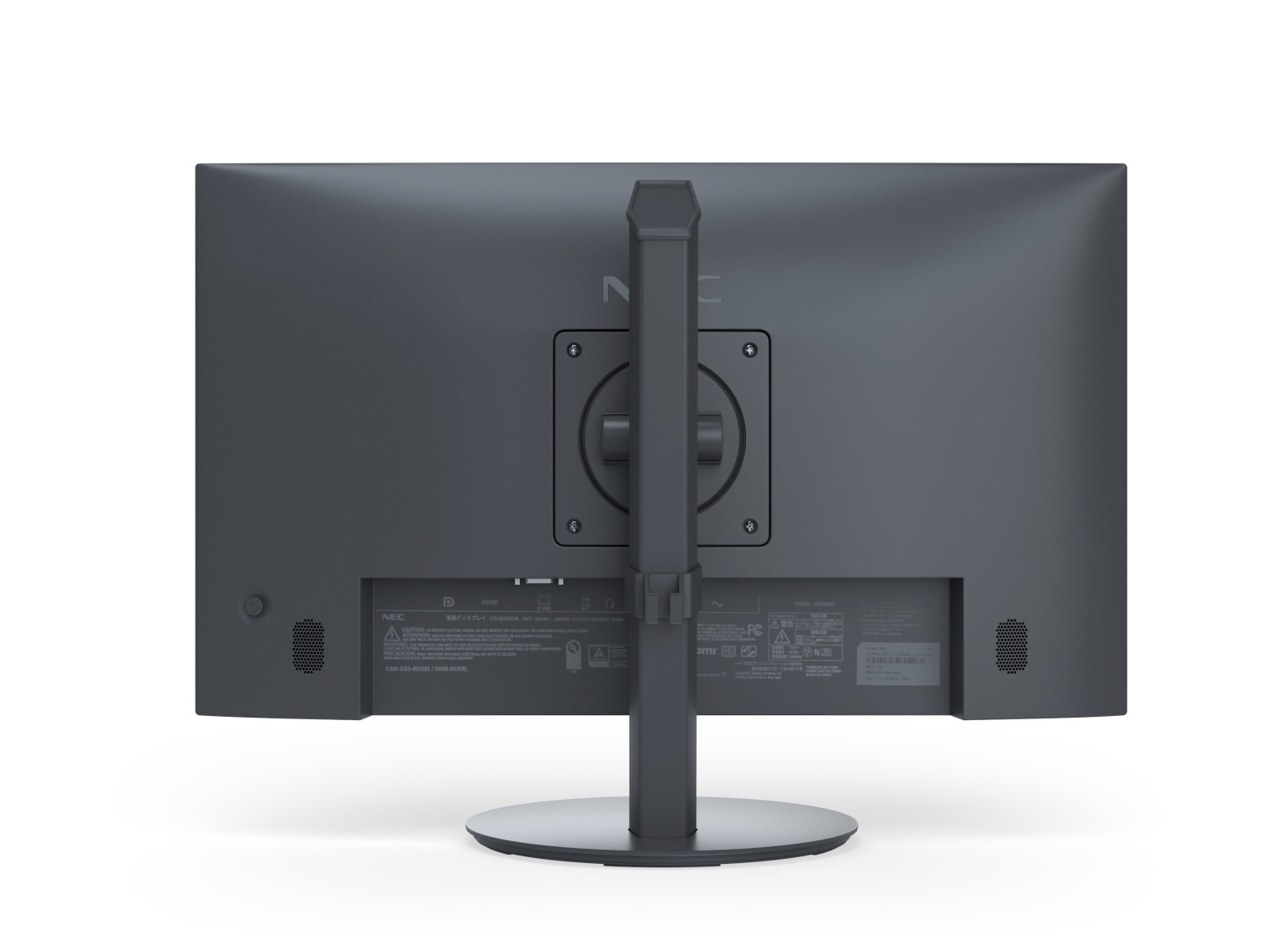 Retro di un monitor grigio scuro con porte, attacco per supporto ed etichette.