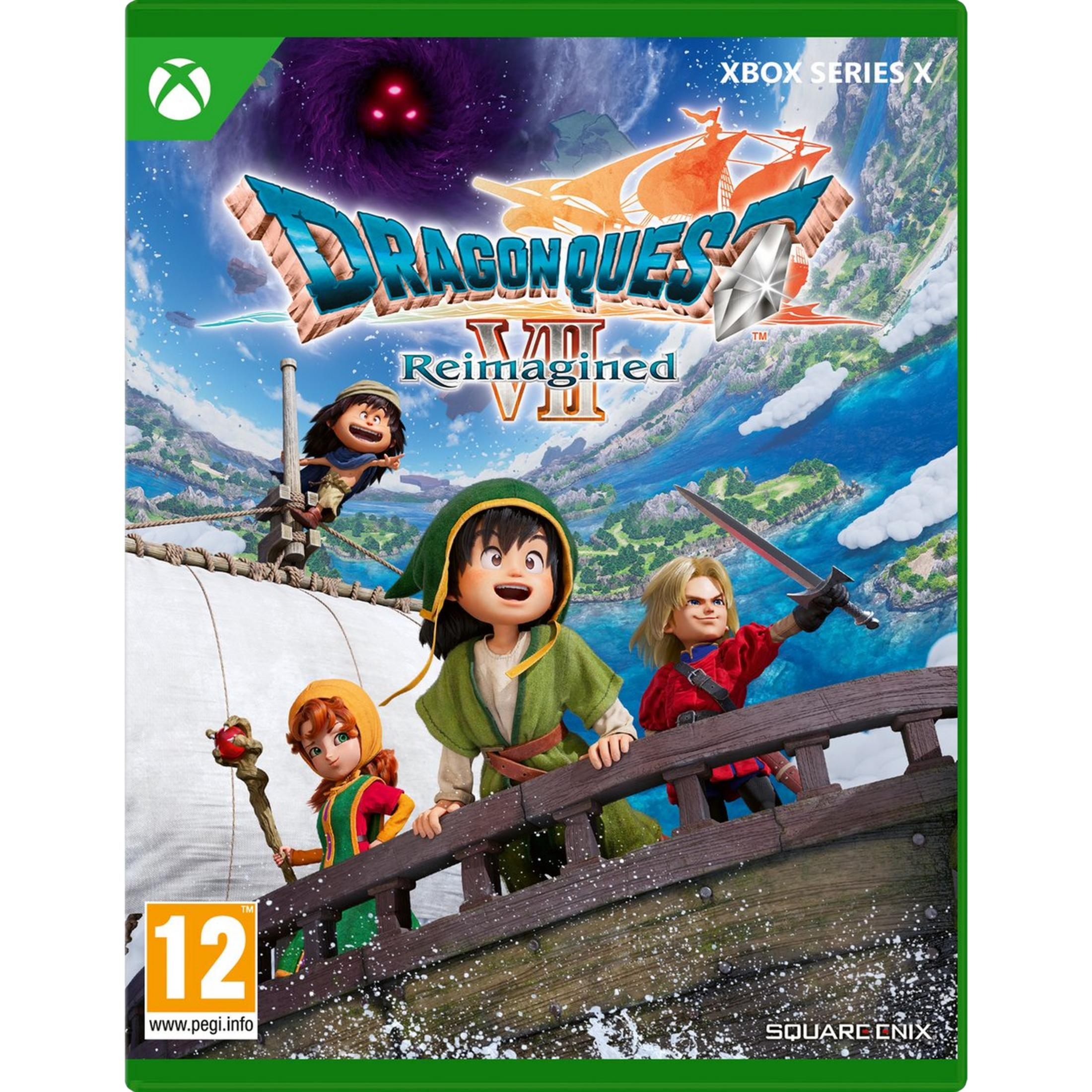 Copertina di Dragon Quest VII: Reimagined con quattro personaggi su un ponte di legno, Xbox Series X.