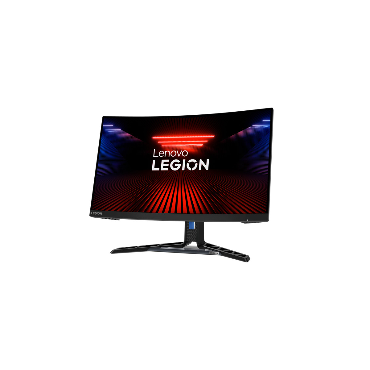 Un monitor curvo da gaming Lenovo Legion con illuminazione rossa e blu.