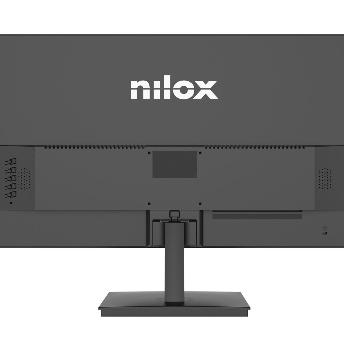 Parte trasera de un monitor negro con logo Nilox y puertos.