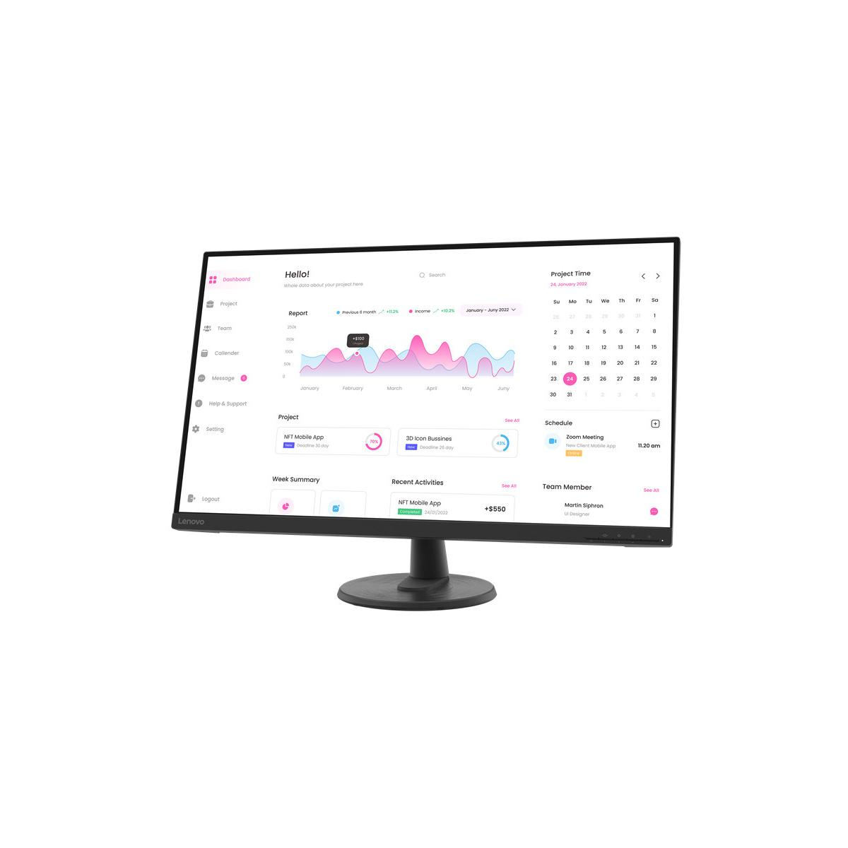 A computer monitor displays a dashboard with projects, a calendar, and schedules.