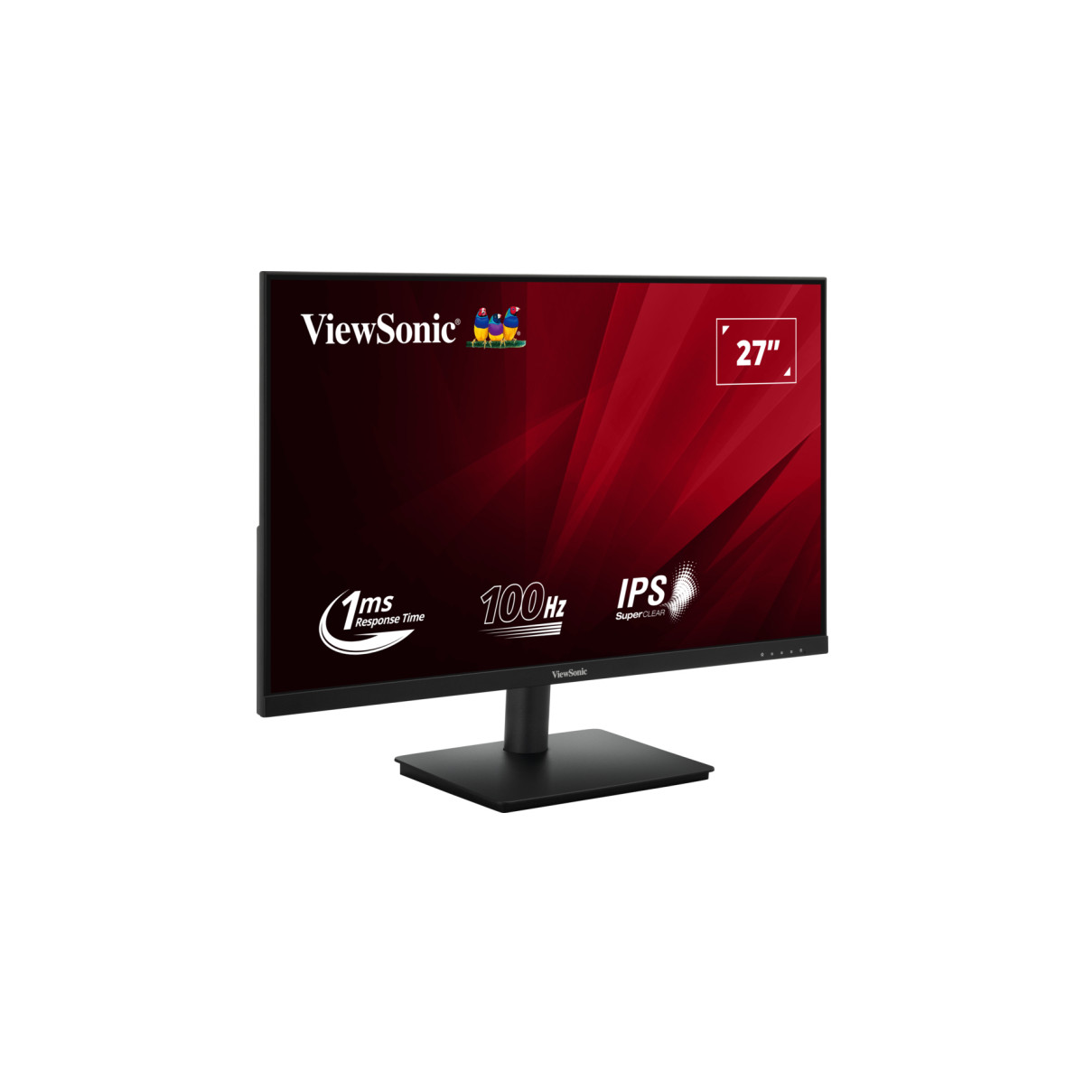 Czarny 27-calowy monitor ViewSonic z czerwonym wzorem na ekranie.