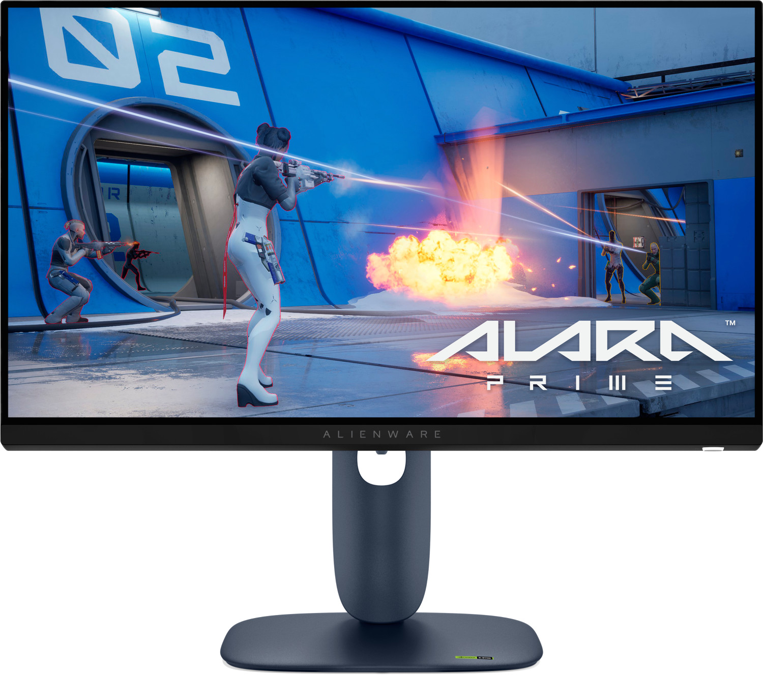 Futuristic battle scene with characters in white and blue suits firing weapons with explosions.