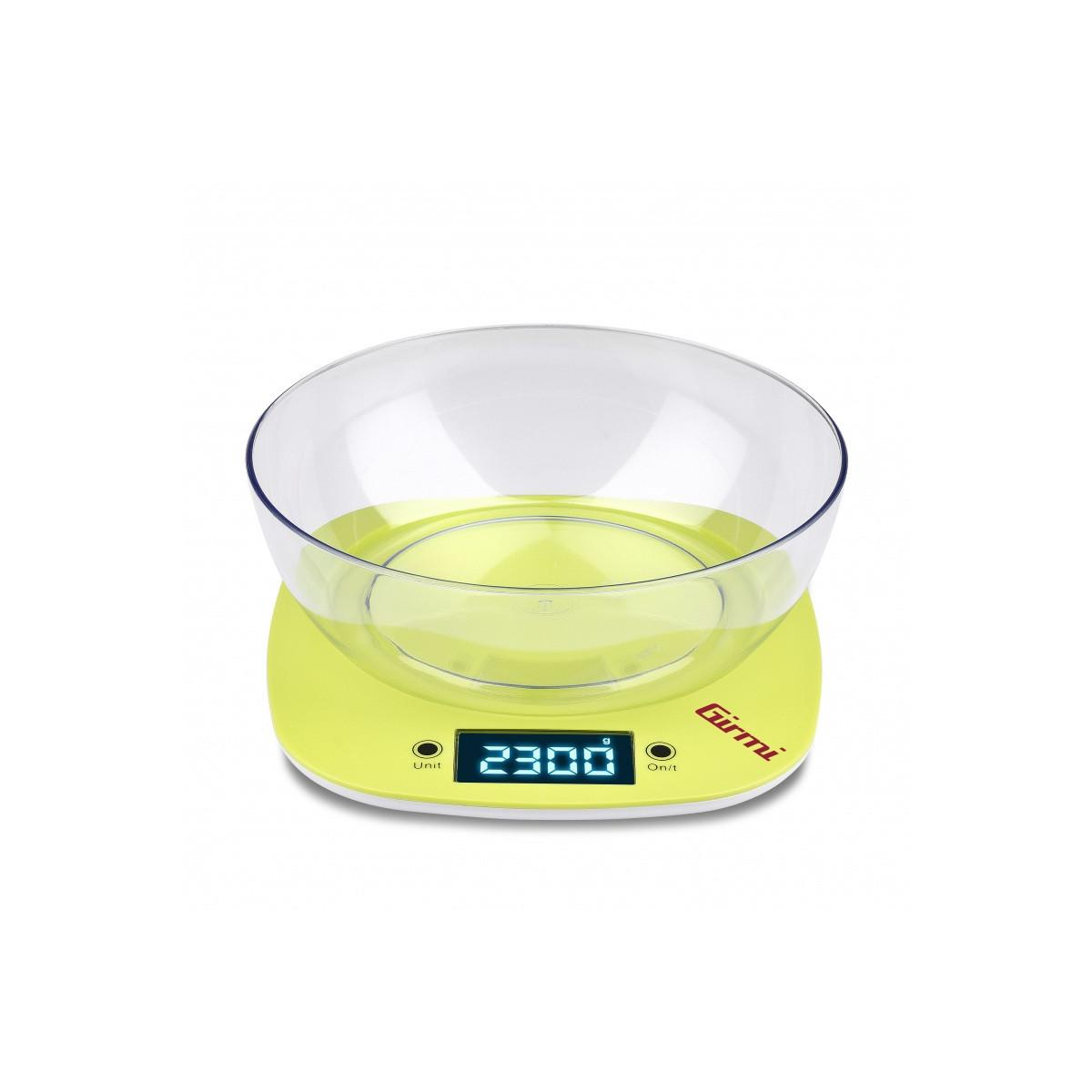 Una bilancia da cucina verde brillante con ciotola trasparente e display digitale.