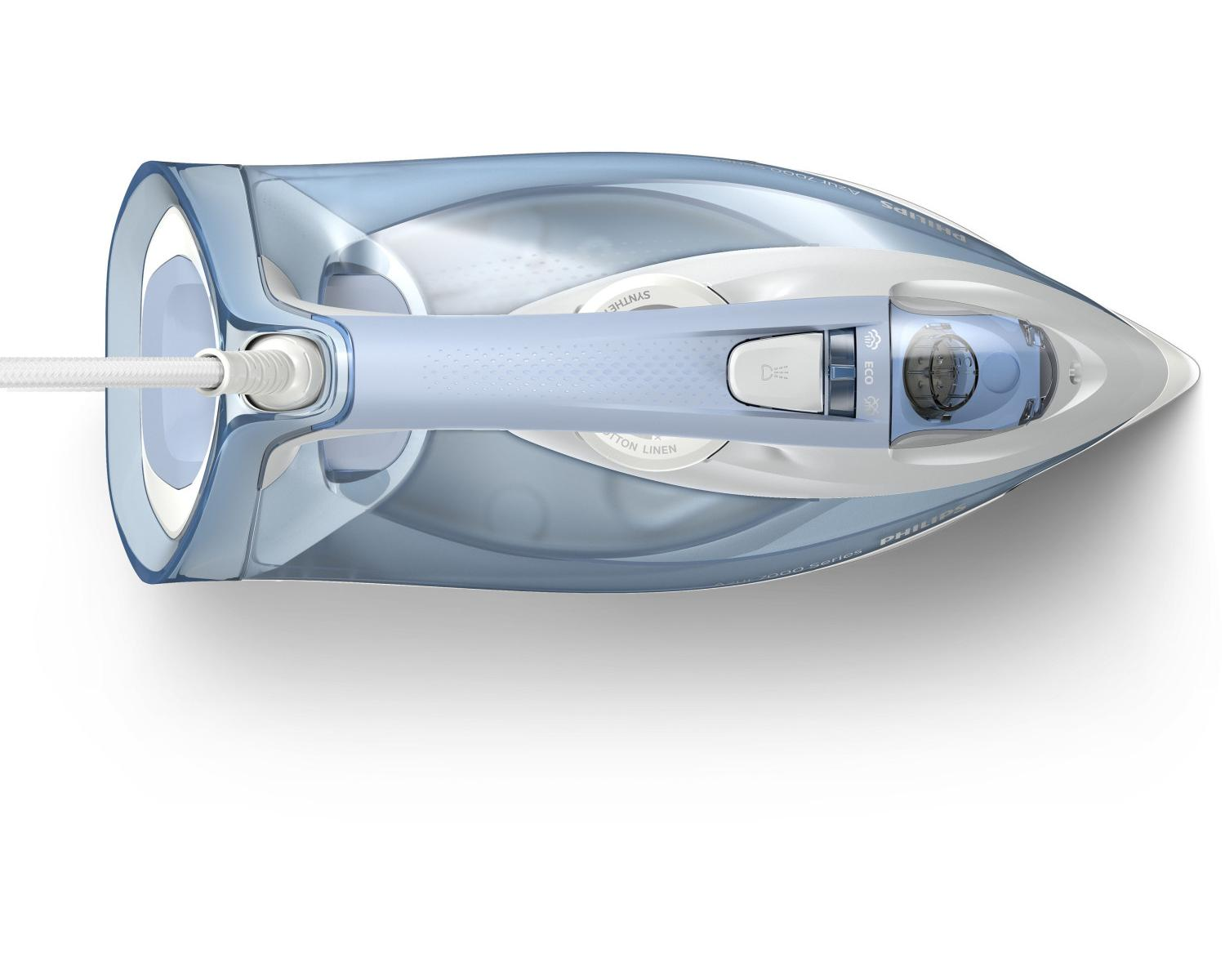 A blue and white Philips iron with a transparent water tank and controls.
