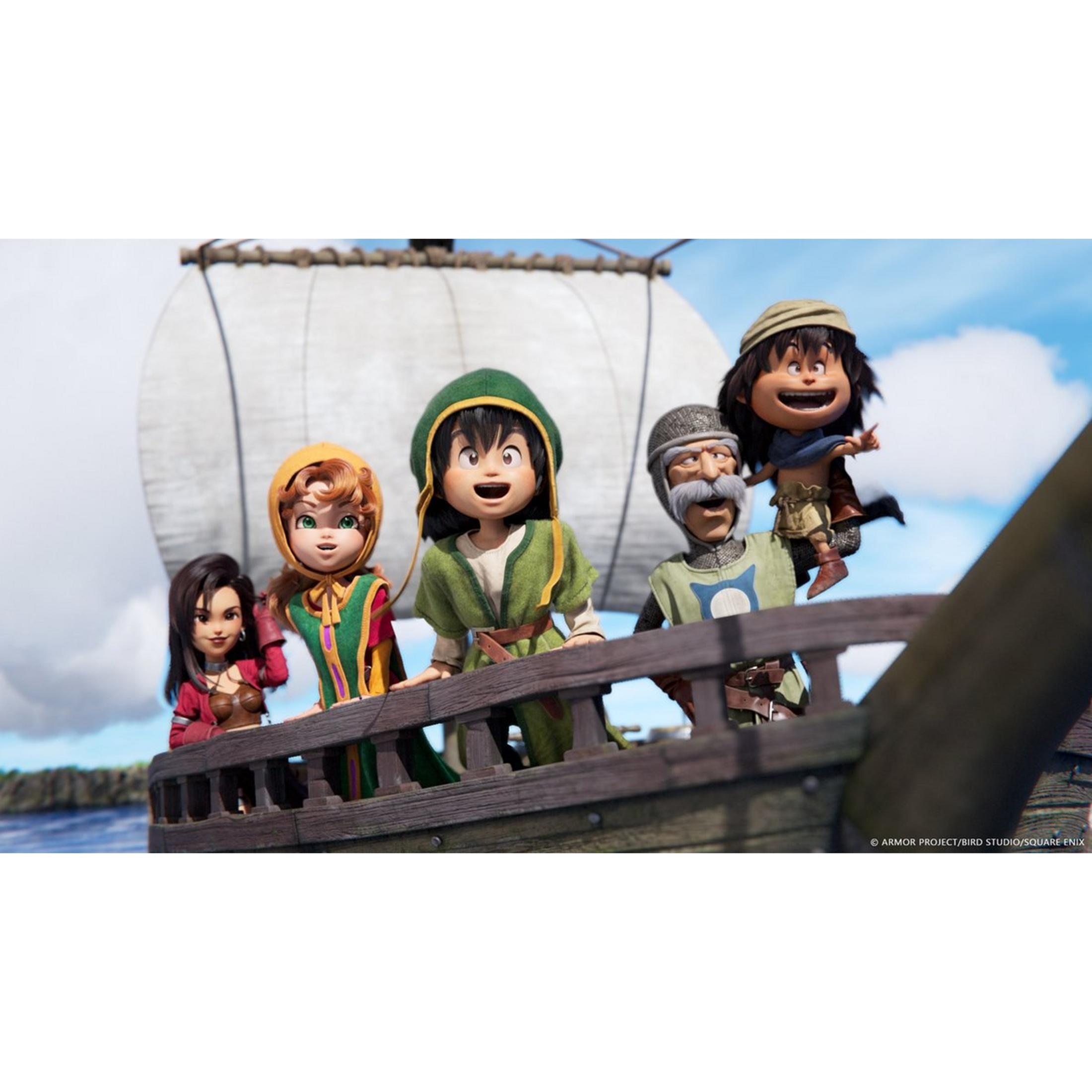 Cinque personaggi animati su un ponte di legno con vela sullo sfondo.
