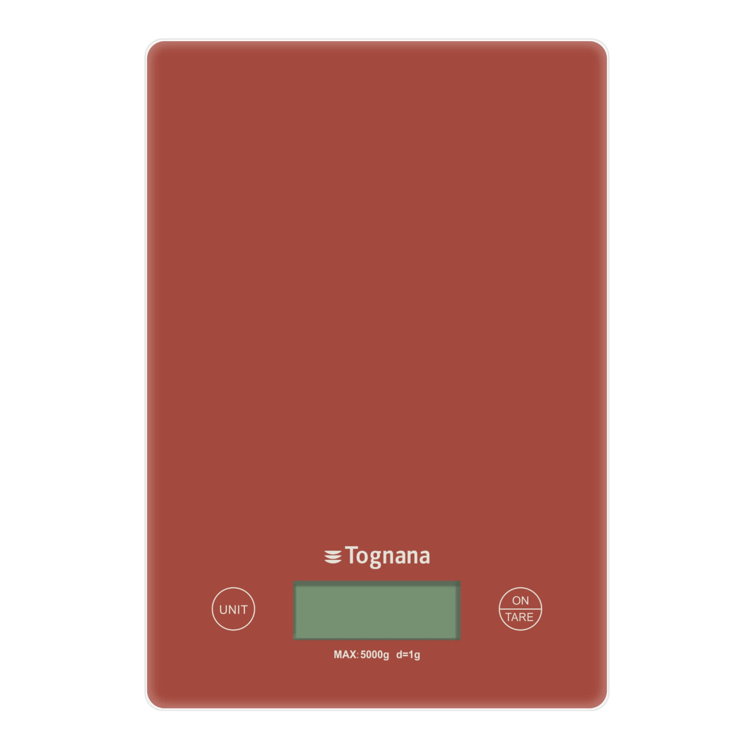 Rote digitale Küchenwaage mit LCD-Display, UNIT- und ON/TARE-Knöpfen.