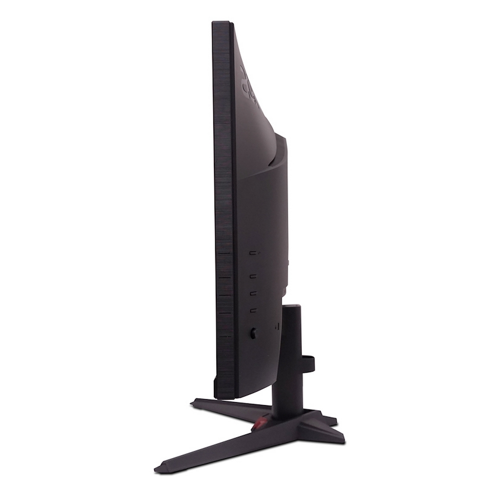Monitor del computer nero visto di profilo su sfondo bianco.