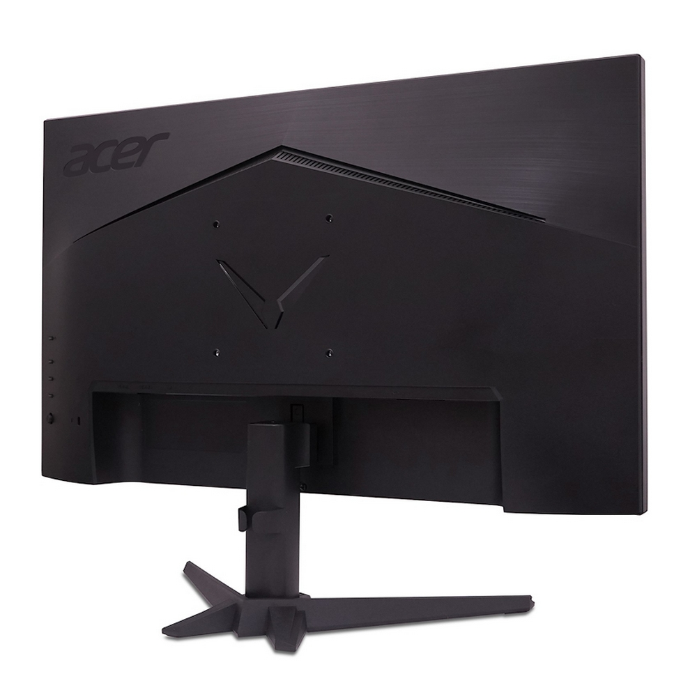 Vista posteriore di un monitor Acer nero con logo a V e supporto.