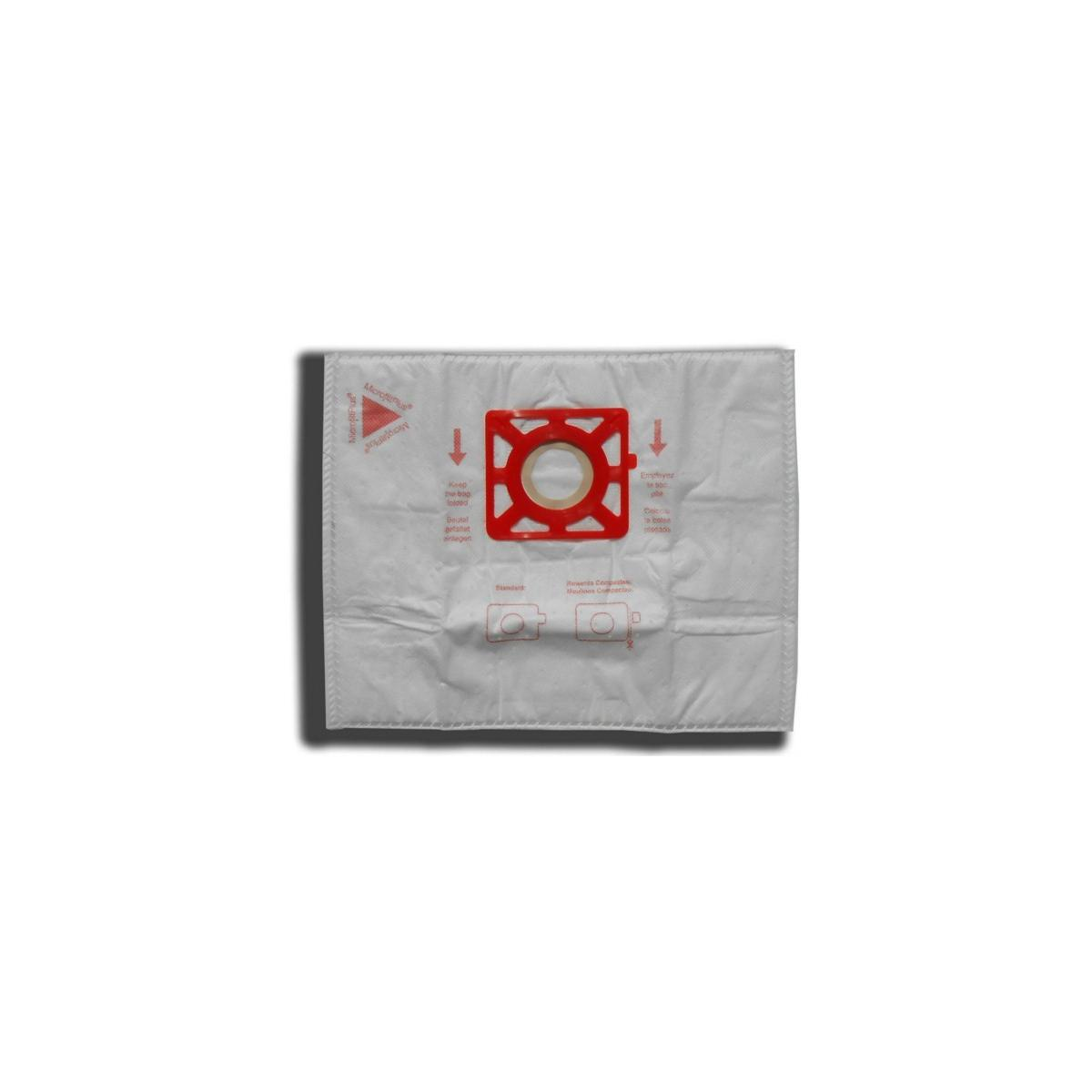 Una bolsa de aspiradora blanca con soporte rojo e instrucciones.