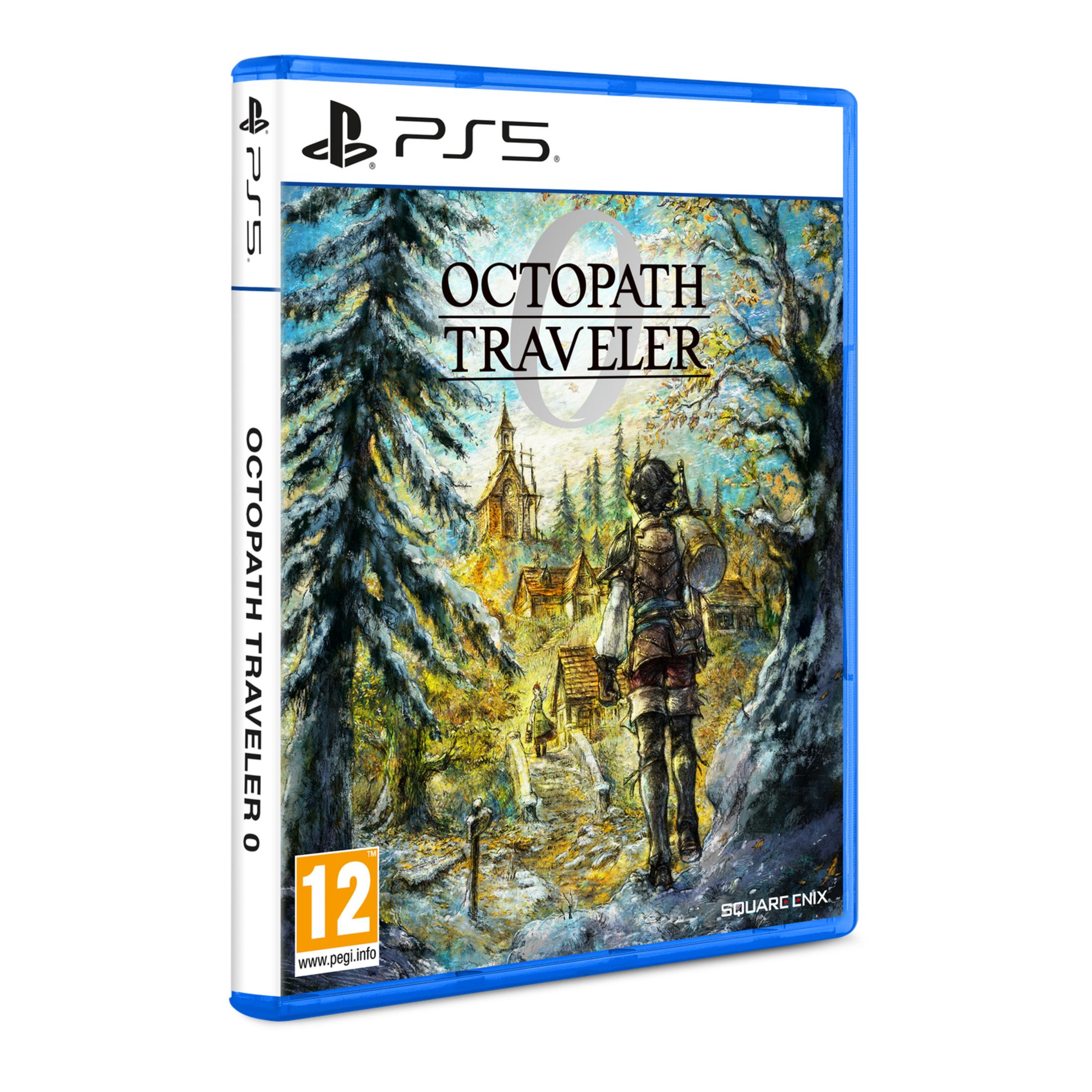 Custodia PS5 Octopath Traveler con personaggio davanti a villaggio e chiesa.