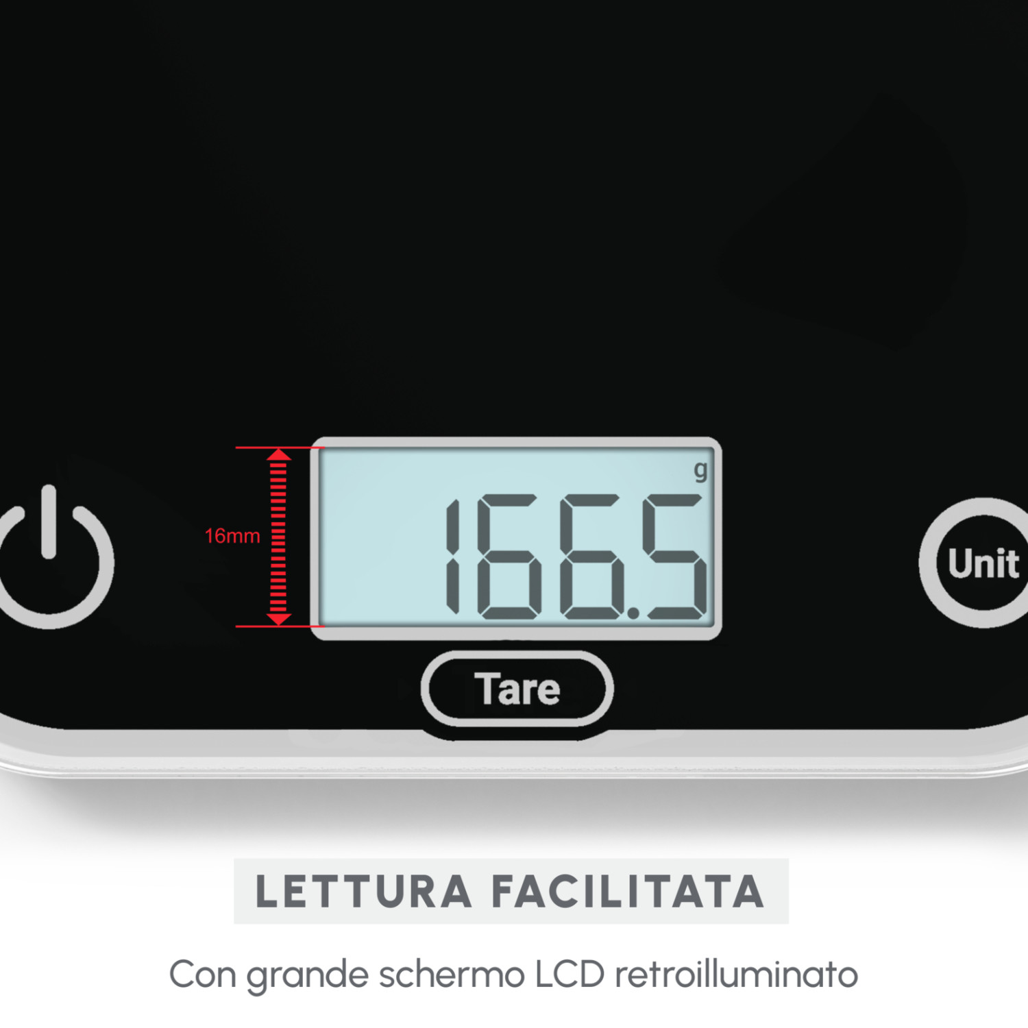 Digitale Waage mit beleuchtetem LCD zeigt 166,5 g an. Ein-Aus-Taste und Einheitentaste sichtbar.