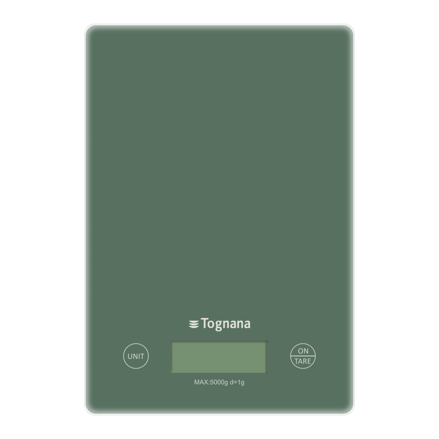 Eine grüne Küchenwaage mit digitalem Display und Tasten.
