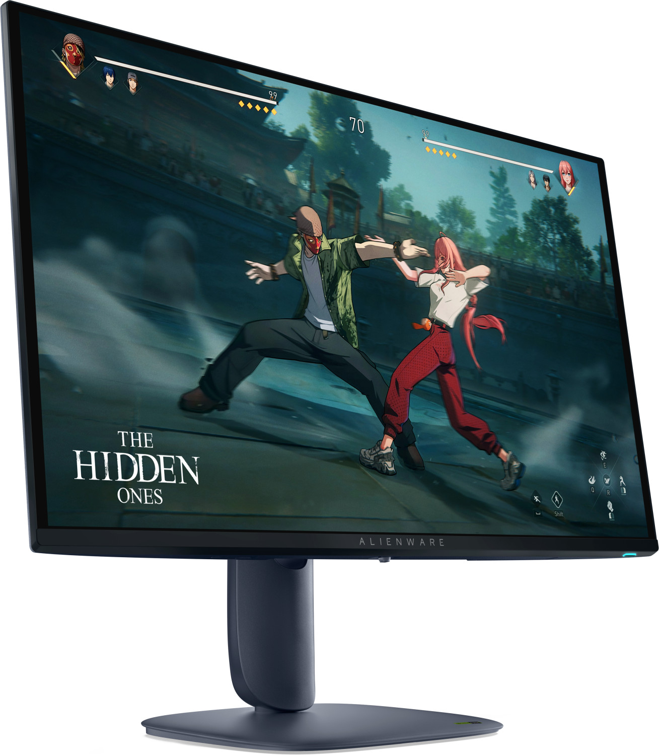 An Alienware monitor displays a fighting game with two characters. Health bars and player names are visible.