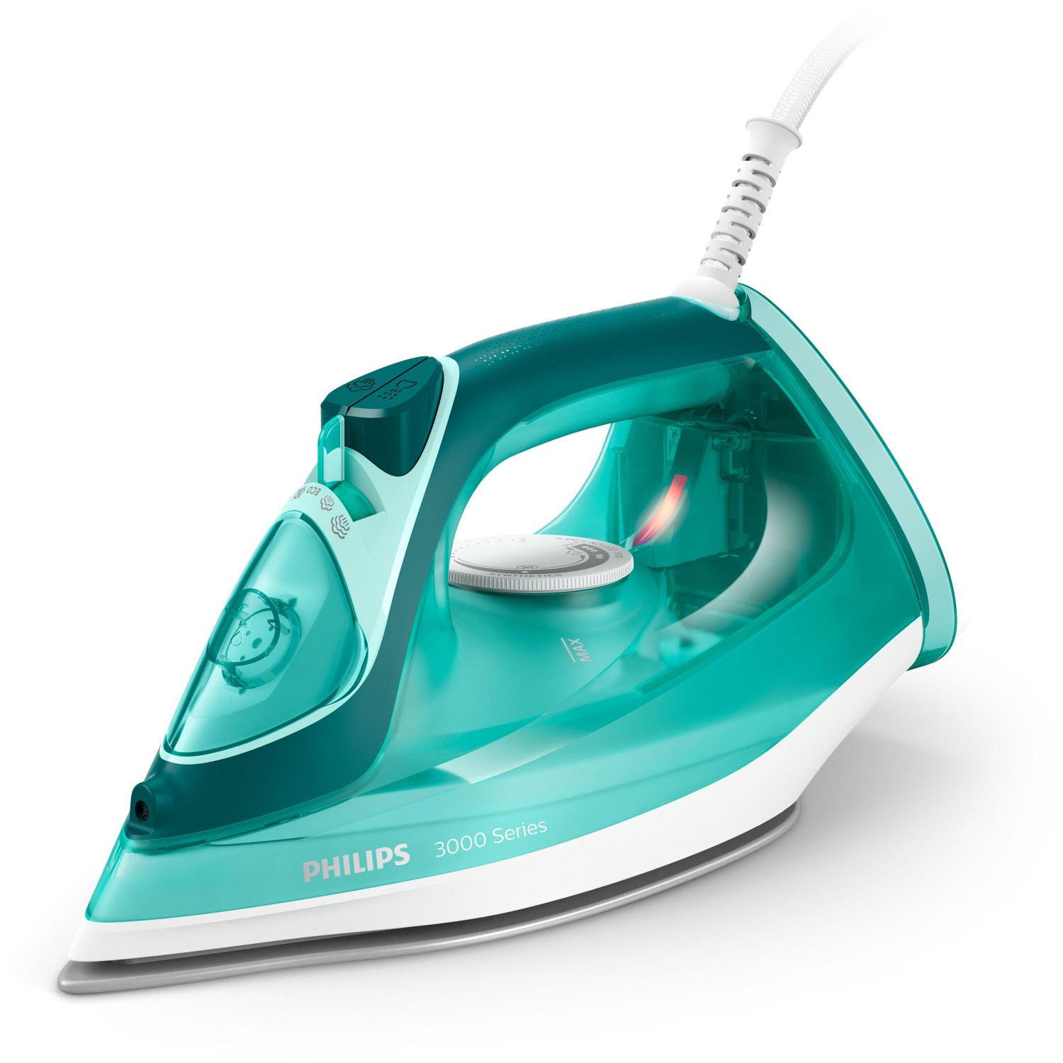 Turkusowe żelazko parowe Philips 3000 Series z białym kablem na białym tle.