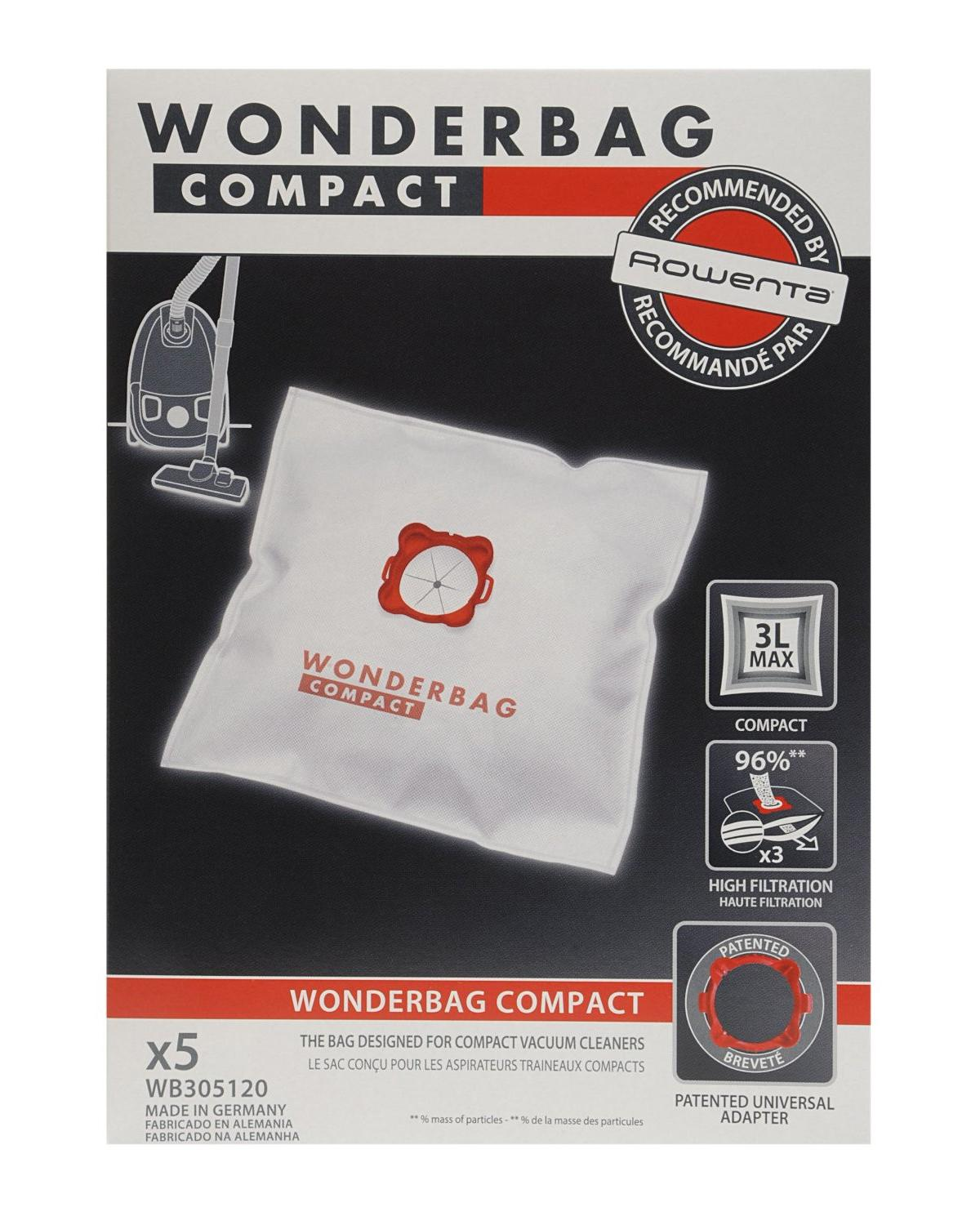 Sacchetti Rowenta Wonderbag Compact, confezione da 5. Capacità 3L, filtrazione 96%.