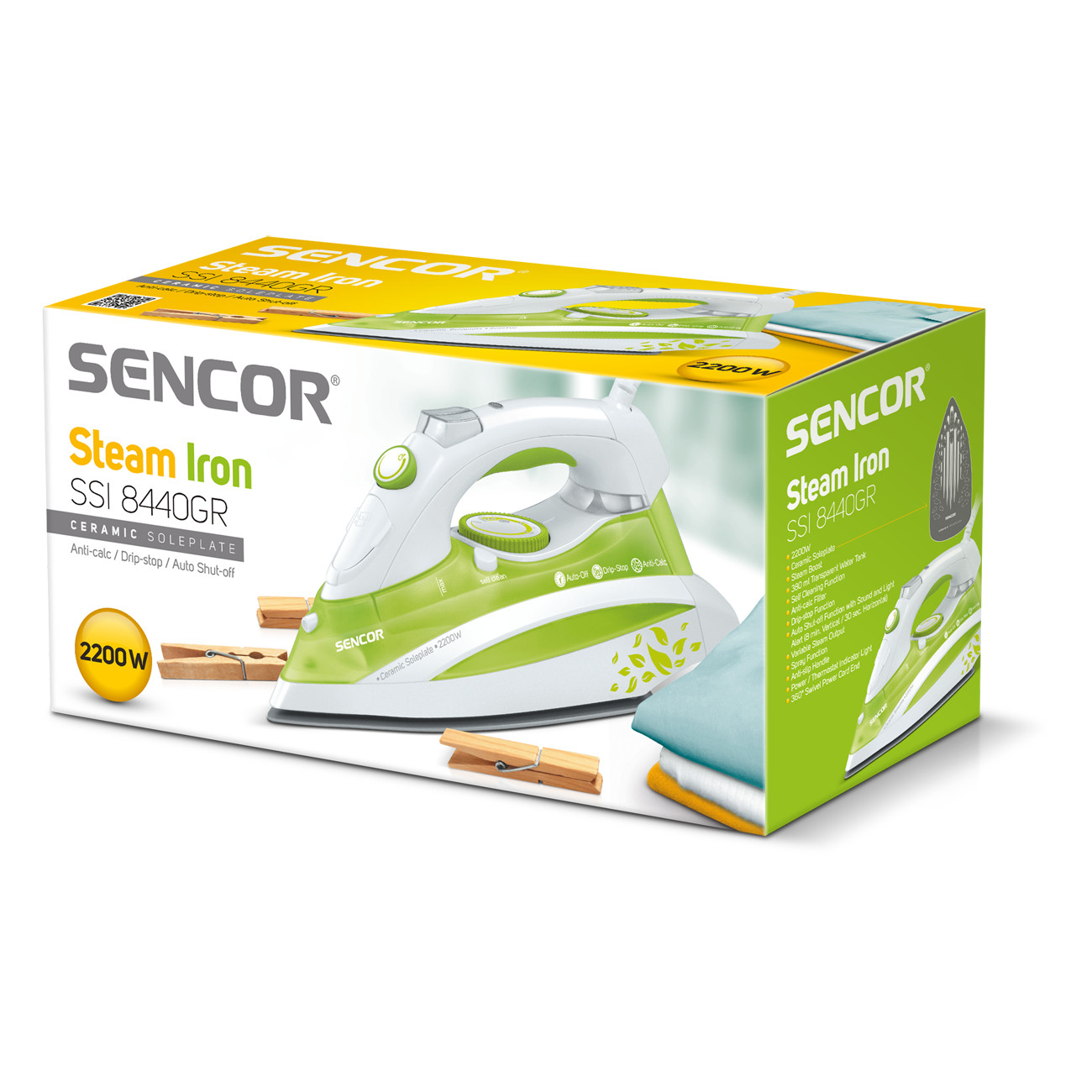 SENCOR Dampfbügeleisen SSI 8440GR auf seiner Verpackung mit Kleidung und Wäscheklammern.
